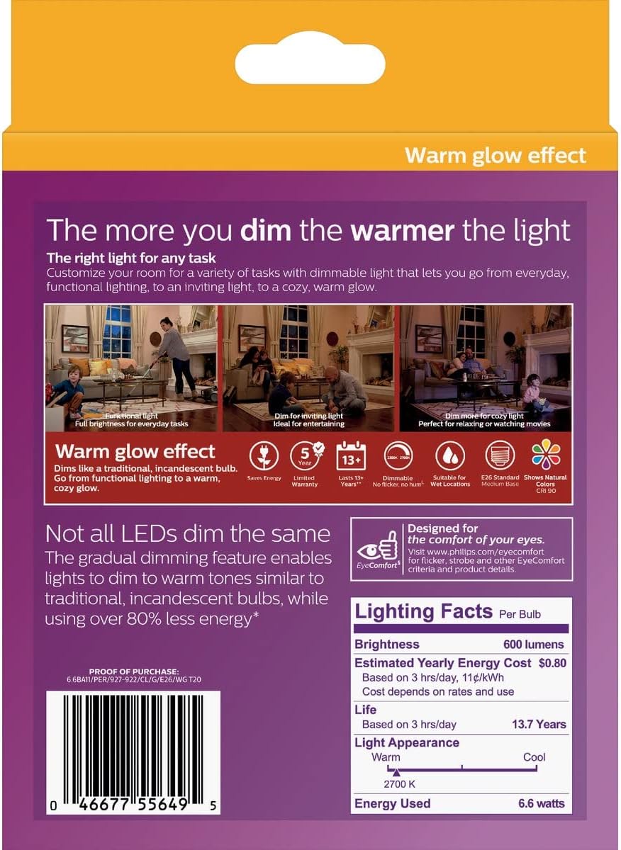 Philips LED Clear Dimmable, Warm Glow Effect BA11 Light Bulb - Pack of 3 - EyeComfort Flicker Free - 6.6W=75W - 600 Lumen - Soft White (2700K) - E26 Base - Indoor - Title 20
