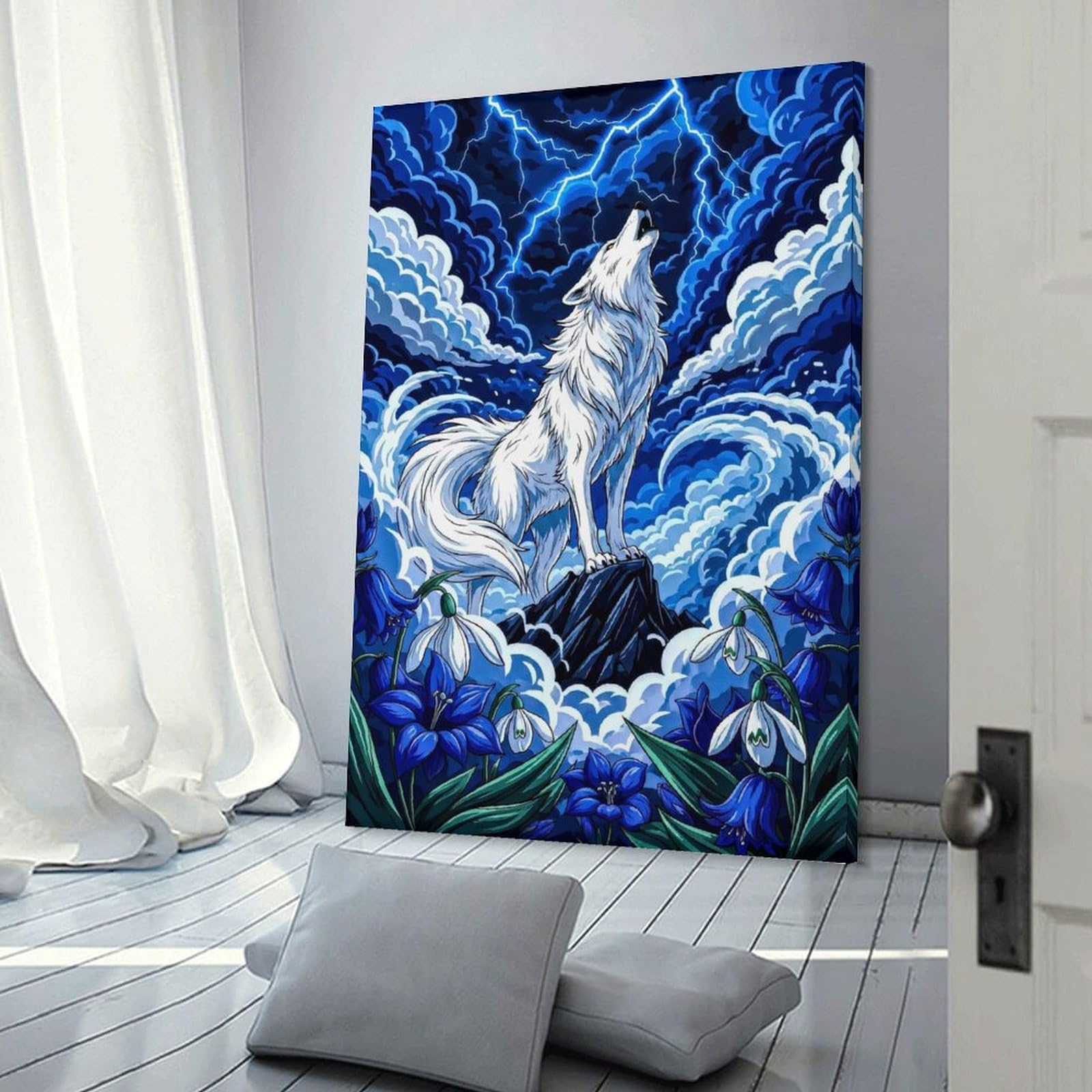 Junmoney White Wolf Howling Under Lightning Storm Room Decor Wall Art 20x30inch(50x75cm), for Bedroom, Guest Room Or Reading Nook, An Easy Wall Refresh for Bedrooms
