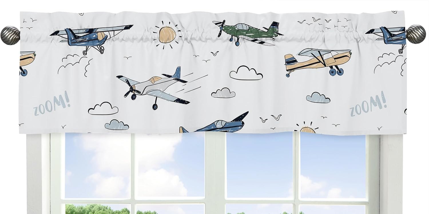 Sweet Jojo Designs Green Vintage Airplane Boy Window Valance Curtain Treatment for Baby, Nursery, Kids Room, Kitchen, Bathroom, Bedroom - Airplanes, Transportation, Clouds, Sun, Sky, Aviator, Aviation