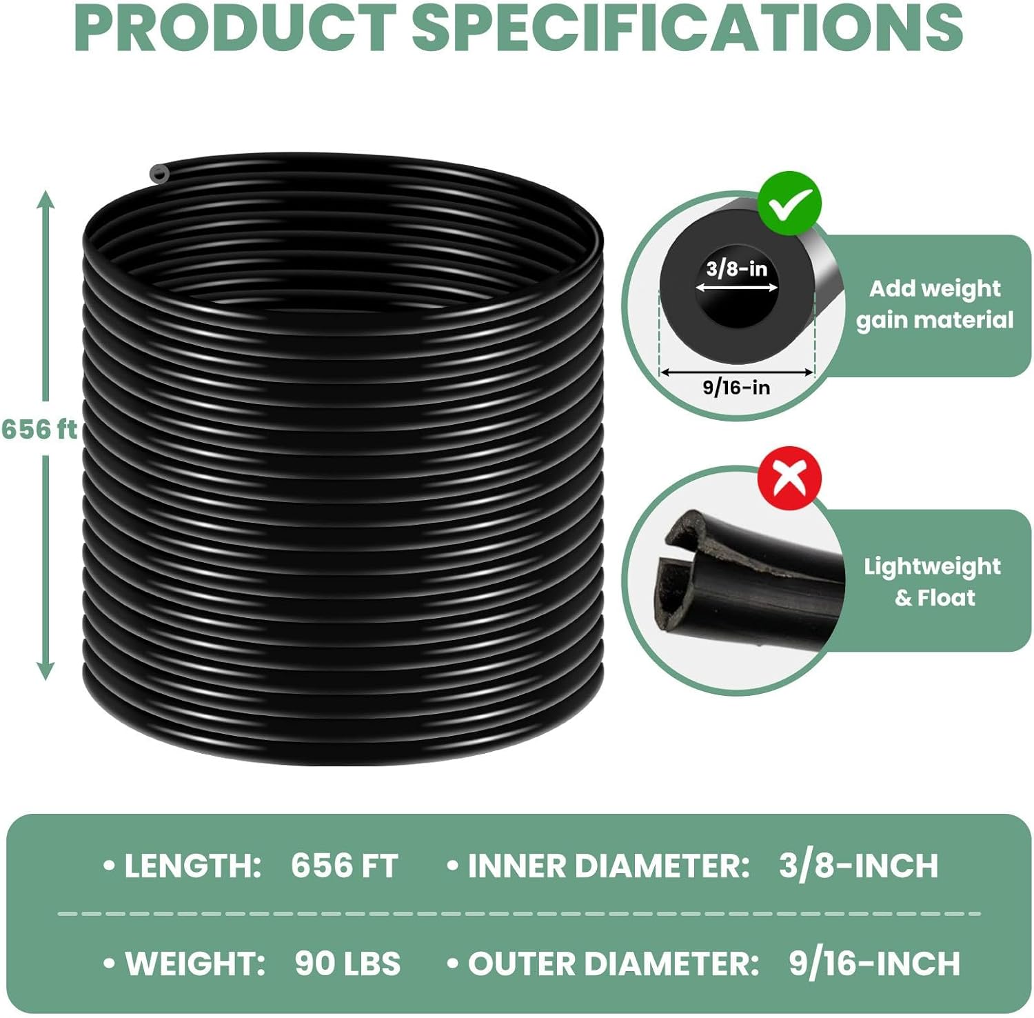3/8 Inch Heavy Duty Self Sinking Aeration Hose, 656Ft Aquarium Air Tubing with Hose Clamps & Menders, PVC Pipe for Aquaculture,Garden and Lake Aerations of Aeration and Water Re-Circulatio