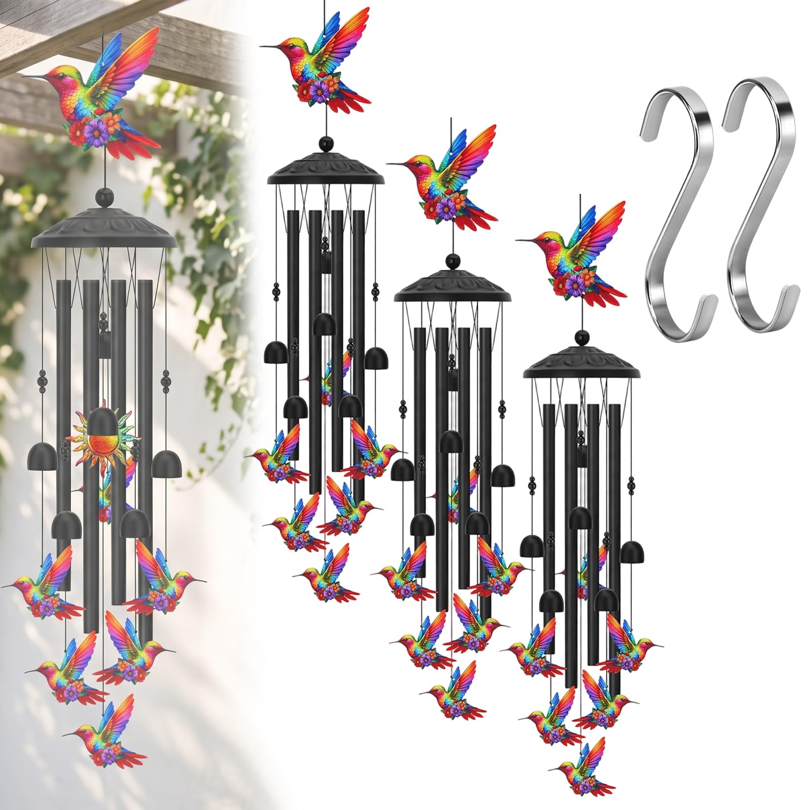 35 In Vintage Colorful Hummingbird Wind Chime With Metal Tubes And Bells, Colorful Enamel Metal Wind Chime, Windchimes Outdoors For Hummingbird Lovers Pet Sympathy Birthday (3PC)