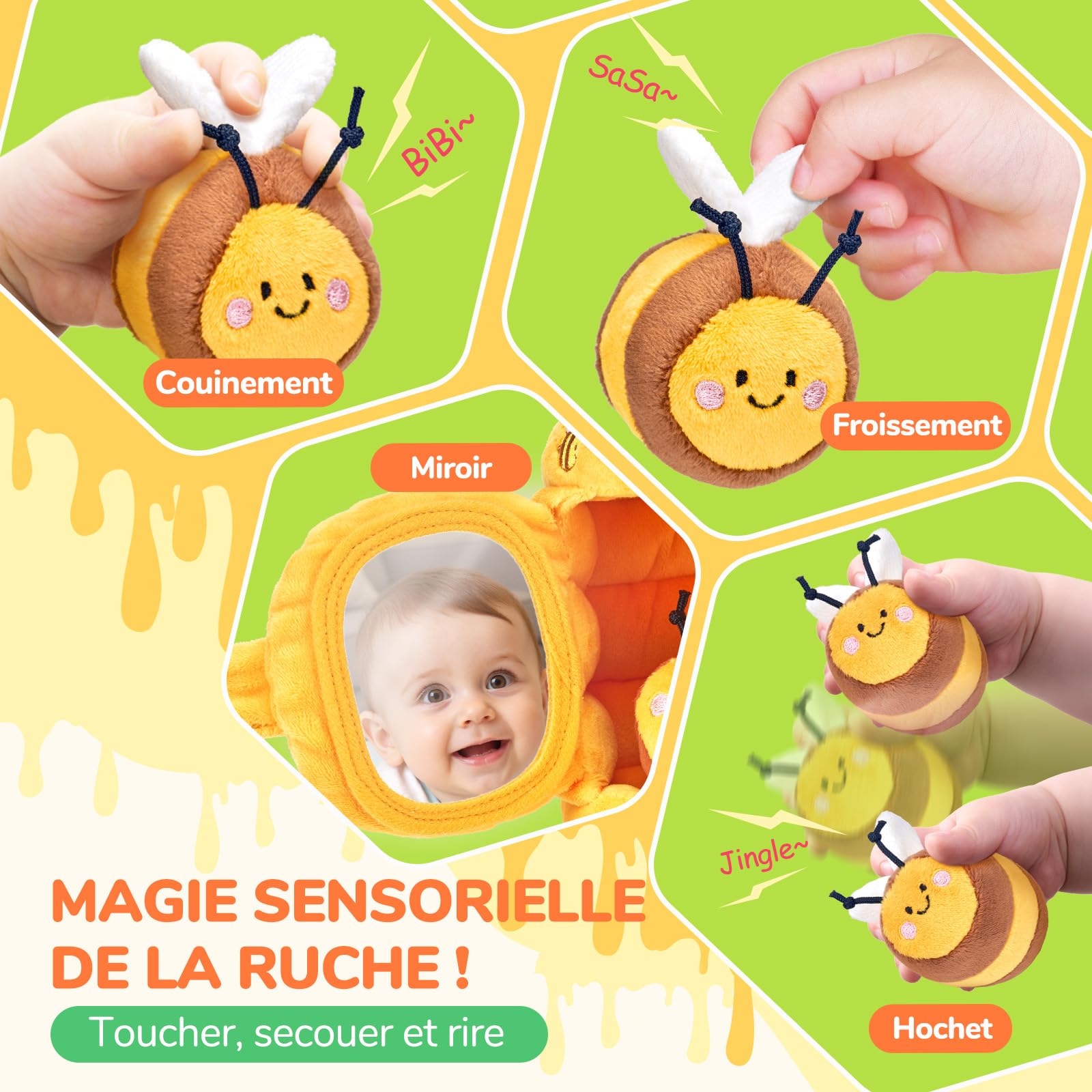 JoyCat Jouet Bebe 6-12 Mois, Ruche avec 5 Abeilles en Peluche, Jouet Montessori avec Hochets, Miroirs, Jeux Sensoriel Bebe 6 Mois, Cadeau Bebe Enfant 1 an Garçon Fille