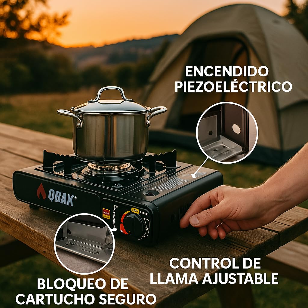 Cocina de Gas Portátil Butano con Encendido Piezoeléctrico y Estuche Incluye 3 Cartuchos Ideal para Camping Emergencias Picnic 2kW de Potencia