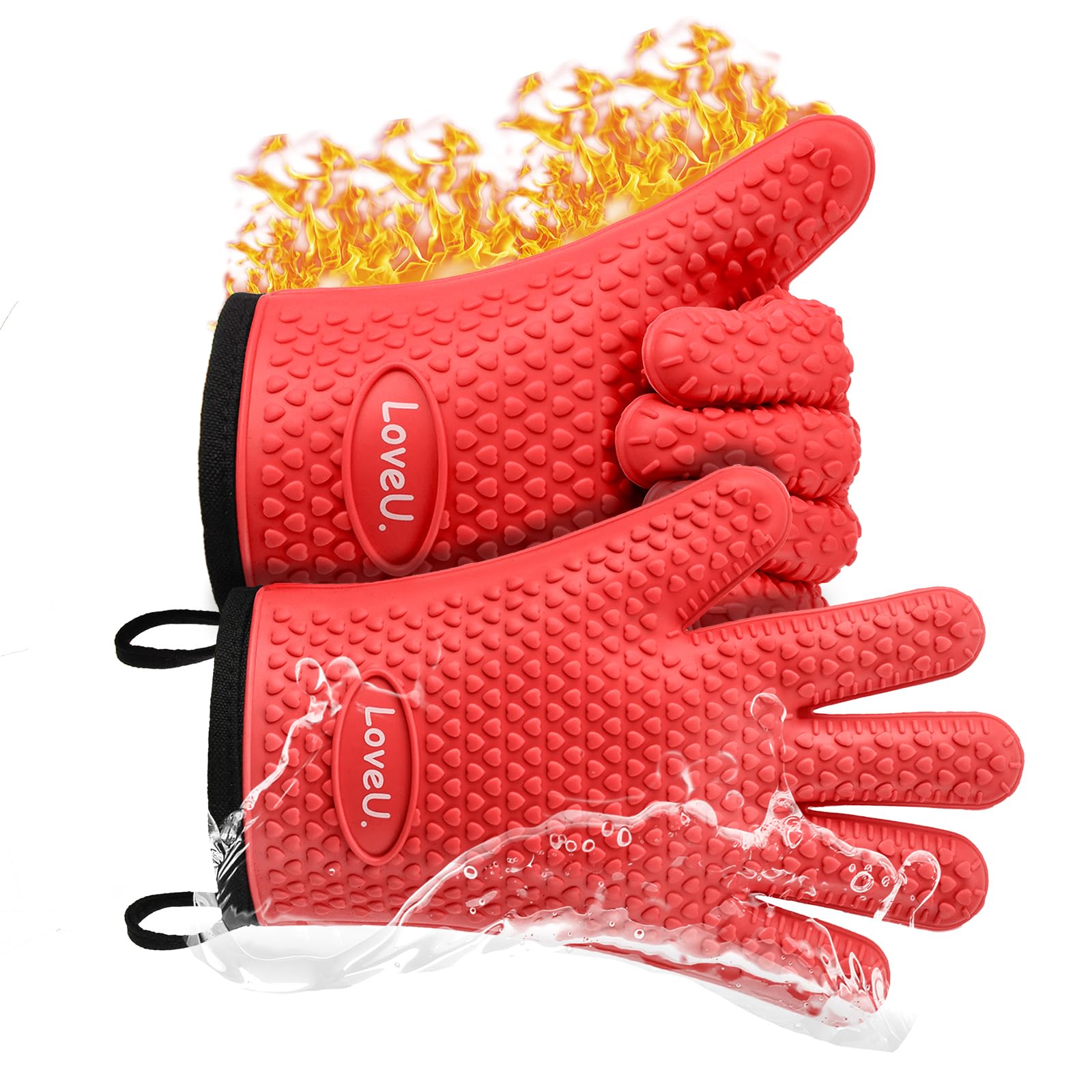 Loveuing Oven Gloves Heat Resistant, Silicone & Cotton Double Layer BBQ Gloves Non-slip Kitchen Gloves Waterproof Flexible Oven Mitts - Perfect for Baking Barbecue Pizza, 1 pair