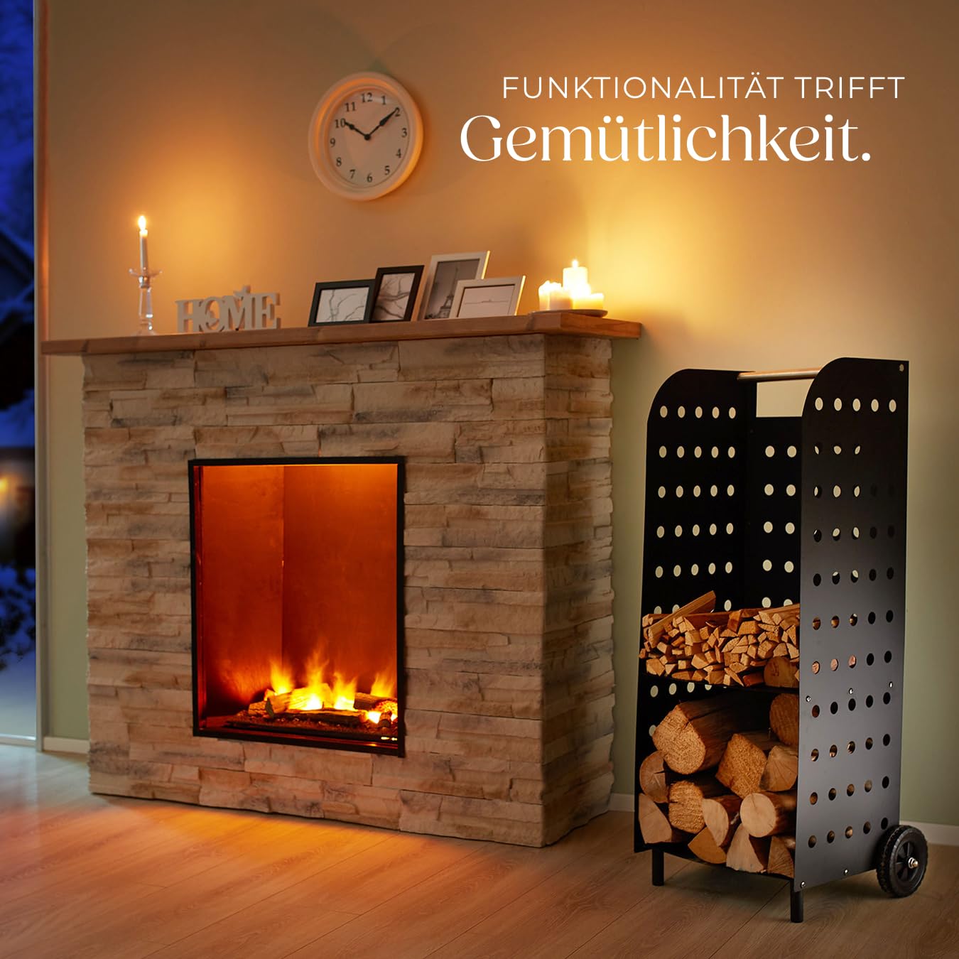 tectake® Holz Regal extrabreit mit Rollen, für aussen und innen, Kaminholzregal, Brennholzregal aus Metall, wetterfest, mobiles Holzlager, Transportwagen für Feuerholz, Kaminzubehör - schwarz