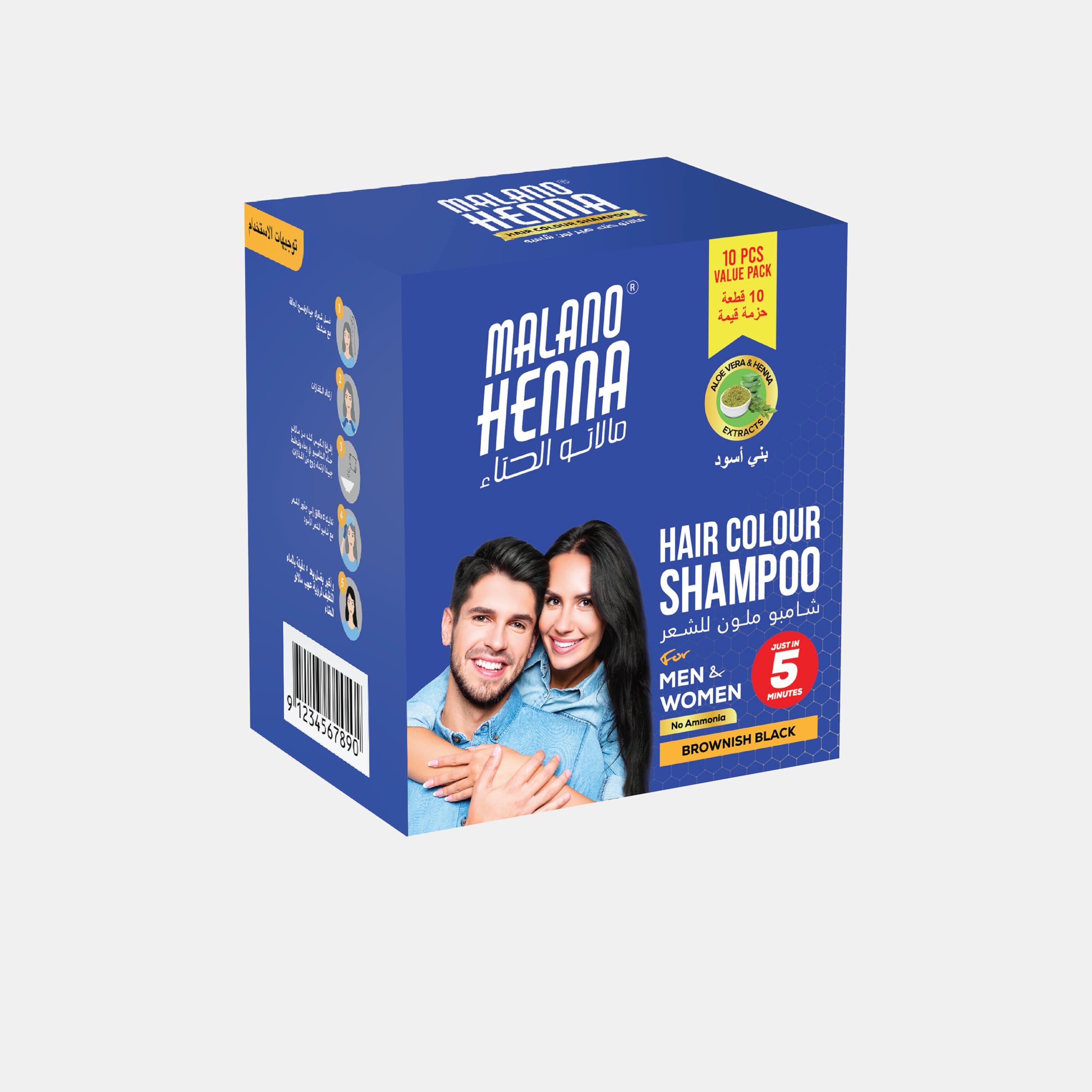 Hair Color Shampoo - Brownish Black, Henna & Aloe Vera Extracts, 5 Minutes Hair Colour, Ammonia Free Hair Colour Shampoo for Men & Women (10x15ml)