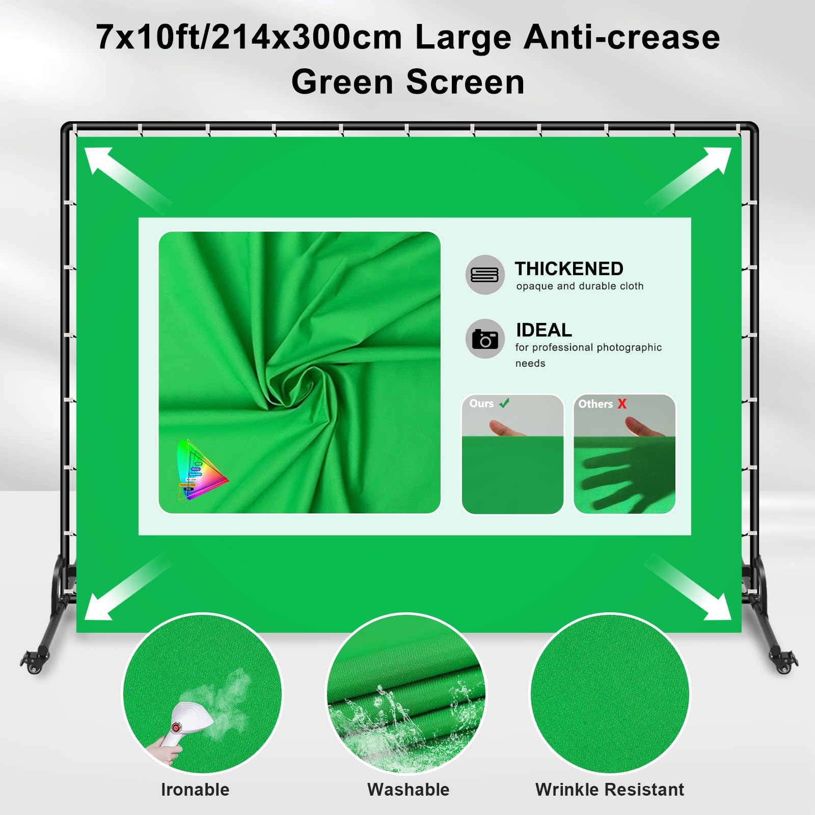 2 x 3 m sfondo verde schermo con kit di sfondo fotografico mobile, sfondo Greenscreen con supporto per streaming, video in studio, riunioni zoom e feste