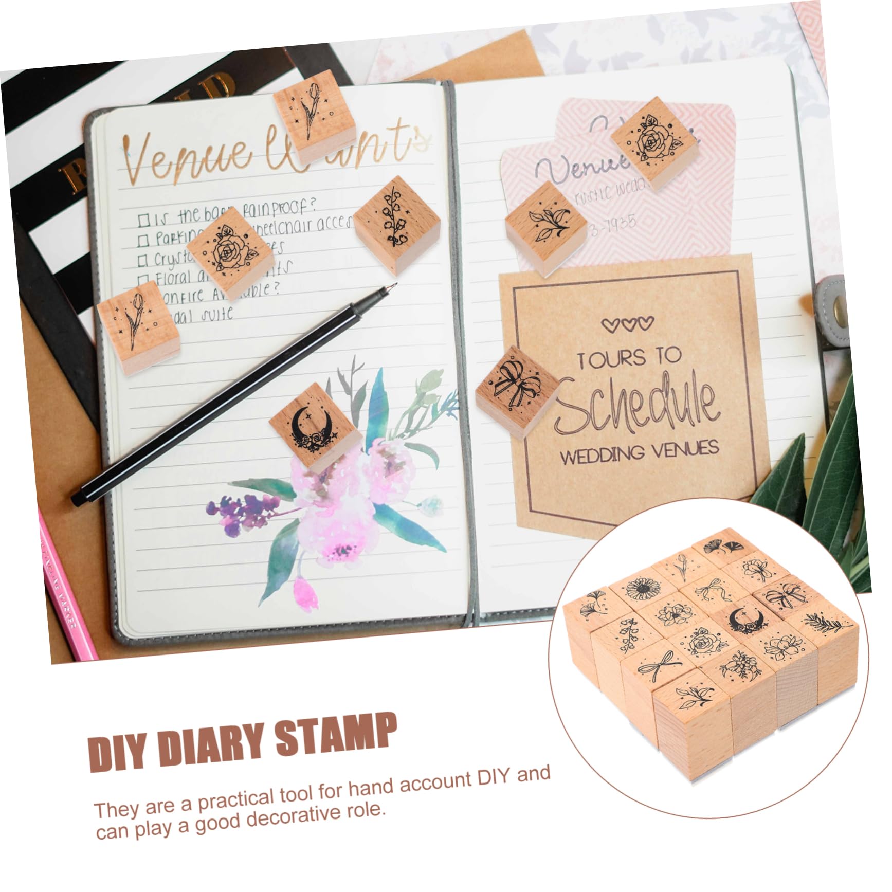 DOITOOL 4 Sätze Kinderstempel Pads Angepasst Namensstempel Für Sammelalbum Block Stempel Für Tagebuch Diy Tagebuch Stempel Zarter Scrapbook-stempel Hölzern Schokolade 16 Stück * 4