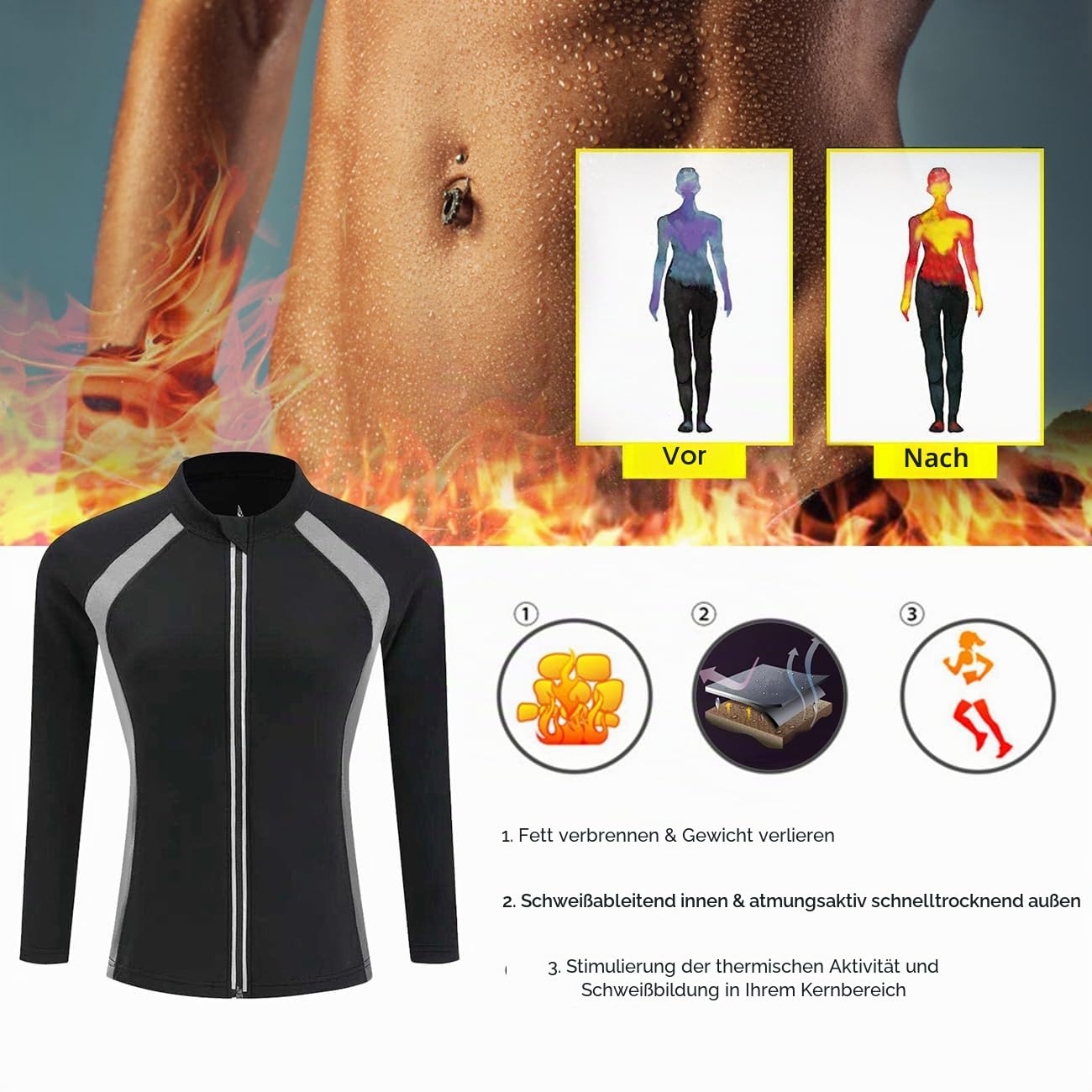 Sauna Effekt Anzug Taille Damen Top Suit Fitness Schwitze Lange Ärmel Neopren Shirt Abnehmen Korsett Schwitzjacke Thermo Body Shaper