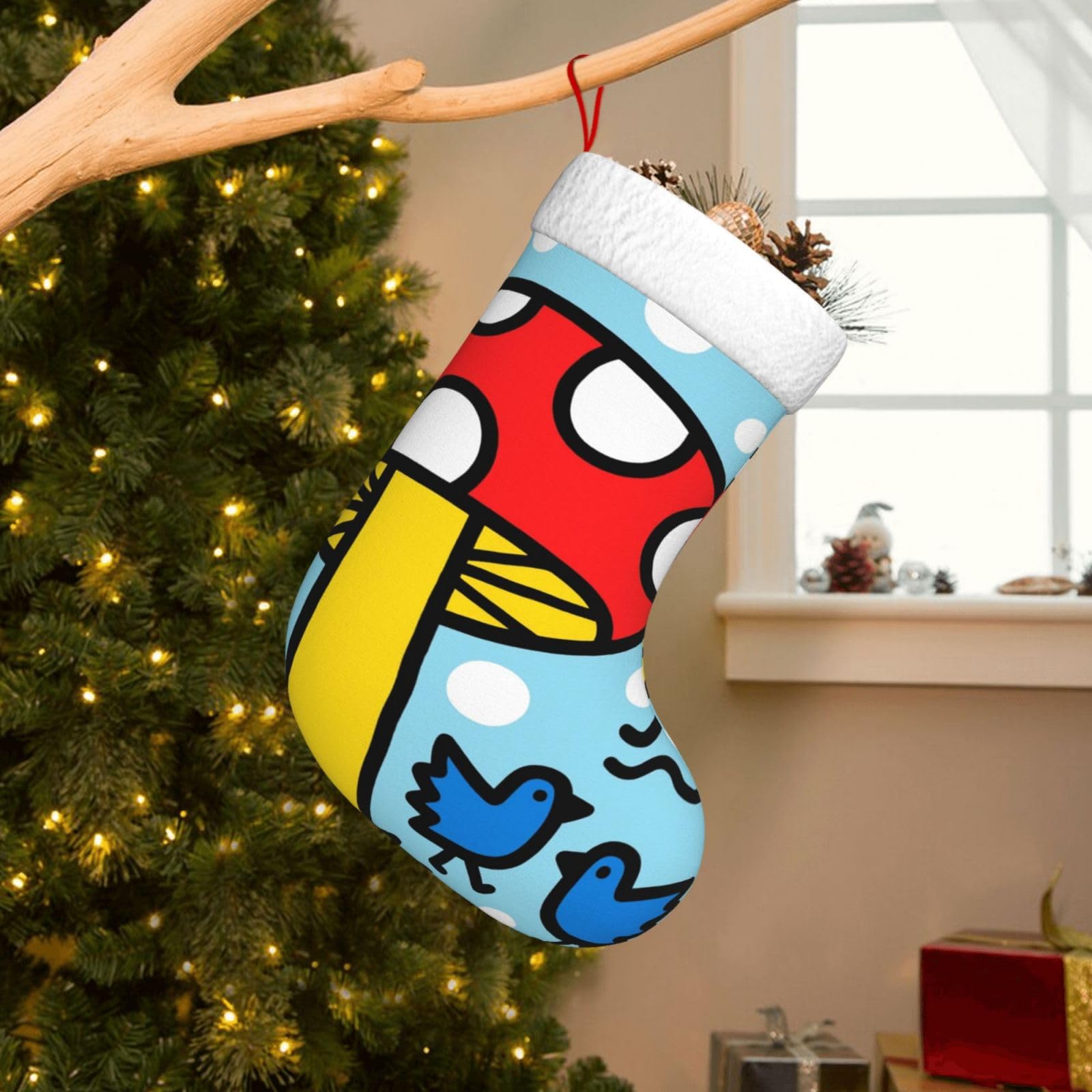 Velvet Christmas Stockings 17.7 Inch, Doodle Mushrooms Xmas Stocking with Soft Cuff,Classic Personalized Christmas Tree Decoration for Family Holiday New Year Party Supplies