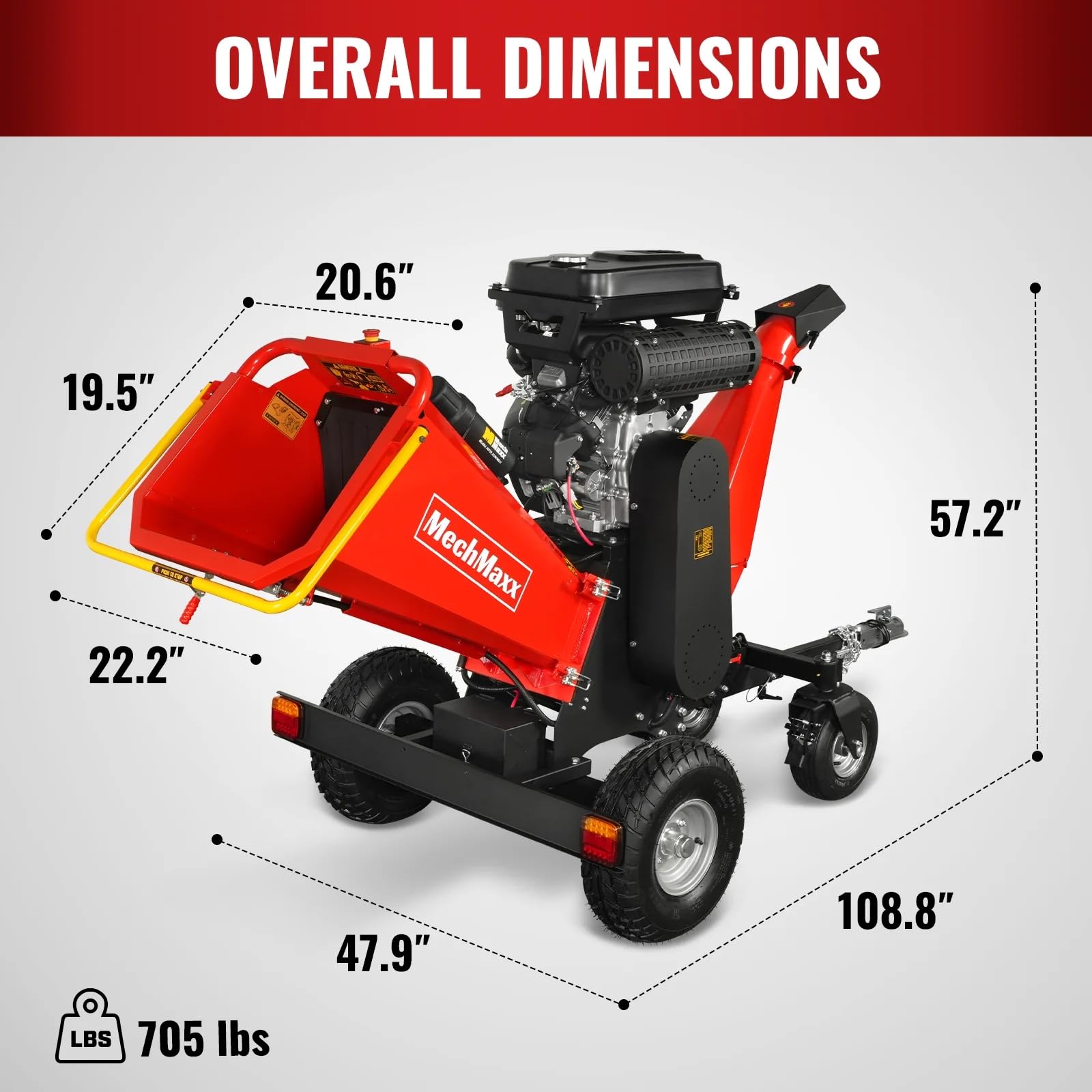MechMaxx 8'' Inch ZONSEN 1000cc 35hp E-Start Gas Powered Engine 4-Wheels Wood Chipper Shredder Mulcher with Towbar/Tail Light/Emergency Stop Switch, Model B200 Red - Additional View