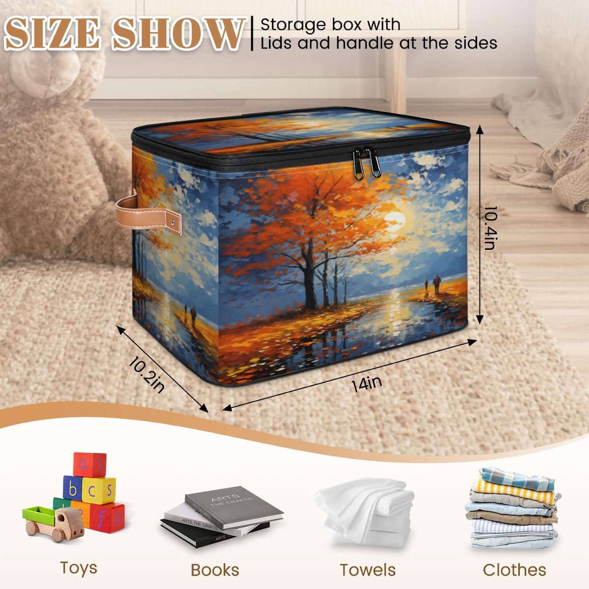 Storage Bin Set of 2 Oil Painting Fall Leaf Storage Basket with Zipper Lid & Handle Foldable Closet Shelf 2 Pack Cloth Organizer Basket Cube Bins Clothes Organizer for Bedroom, Nursery