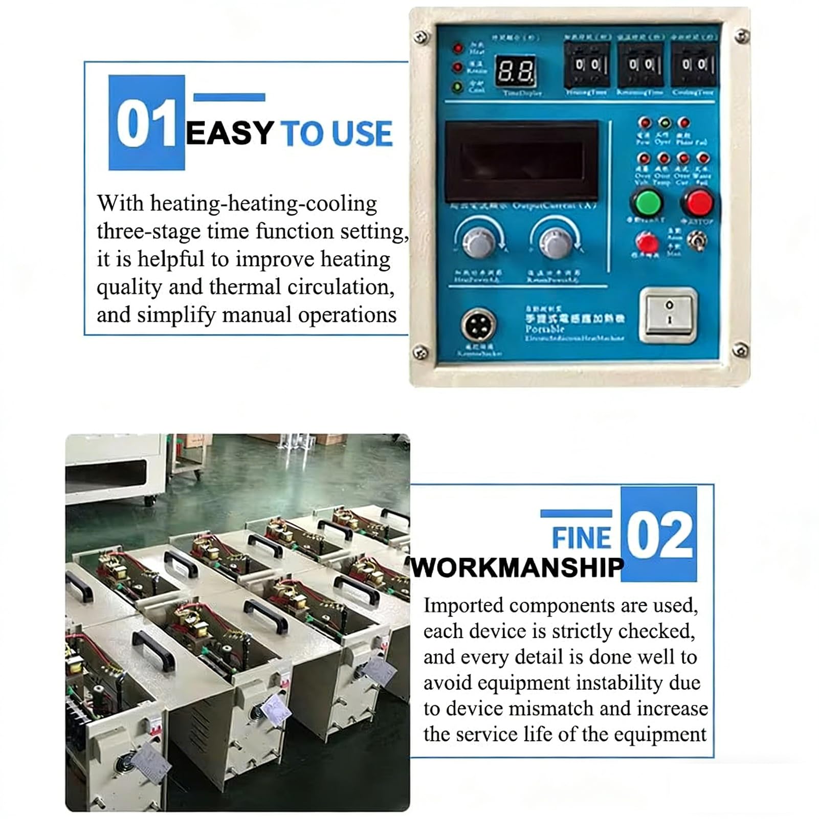 Nagrzewnica indukcyjna 15 kW 30-100 kHz, sprzęt do hartowania o wysokiej częstotliwości, jednofazowy 220 V, ogrzewanie trzystopniowe, natychmiastowy start bez wstępnego ogrzewania, ochrona