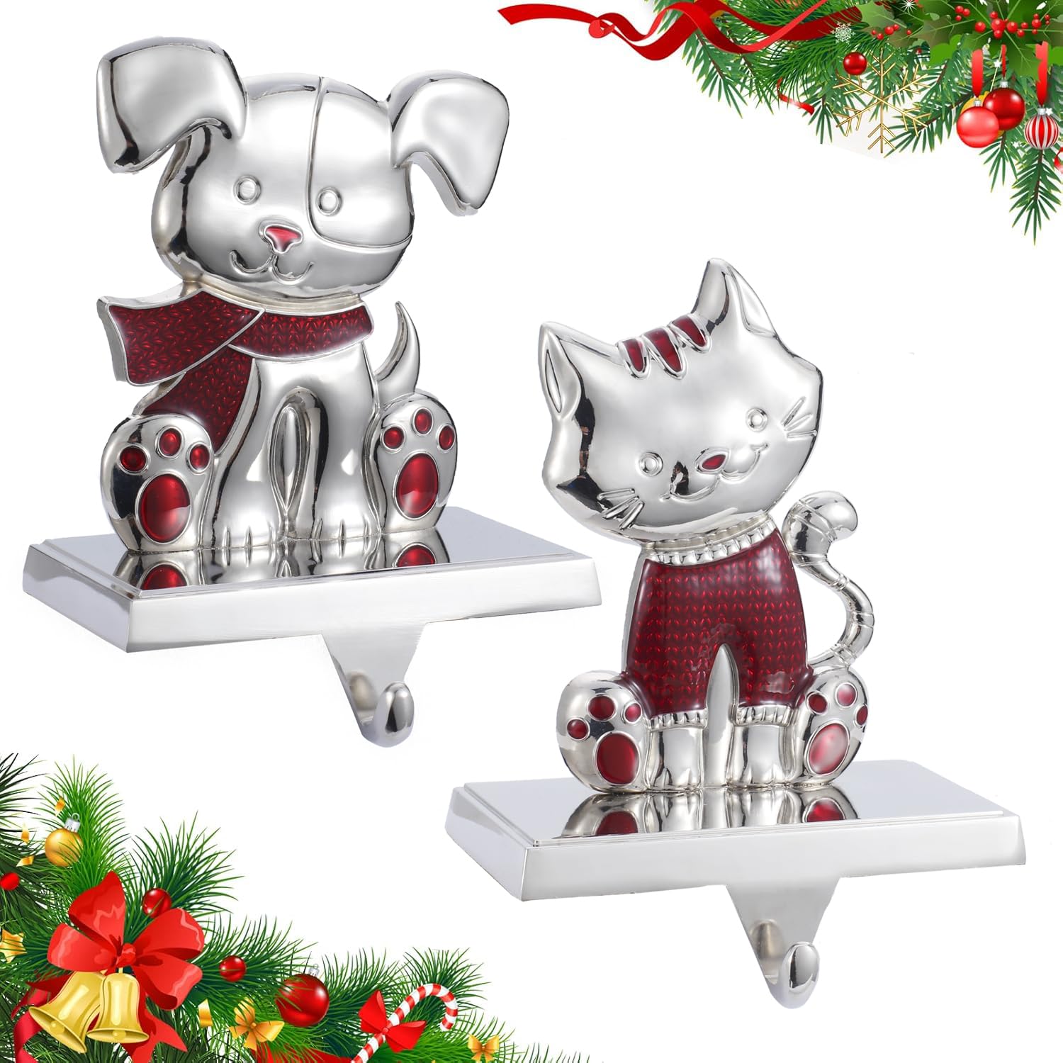 Kosmeey Metal Christmas Stocking Holder for Mantel - Set of 2 Silver Dog and Cat Hangers for Fireplace - Xmas Decoration Hooks With Grips