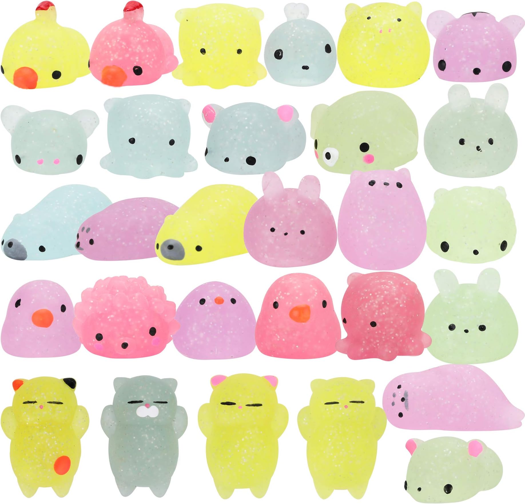 GROBRO7 30 Pcs Cute 2nd Generation Animal Glitter Mochi squishies, Kawaii Mini Soft Squeeze Toy,Fidget Hand Toy for Kids Gift,Stress Relief,Decoration