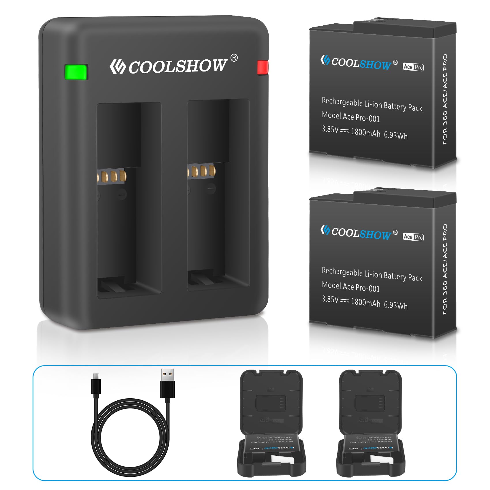 COOLSHOW Ace/Ace Pro Battery Replacement 1800mAh 2 Packs and Dual Ace/Ace Pro Battery Charger Kit Compatible with Insta360 Ace/Ace Pro Camera