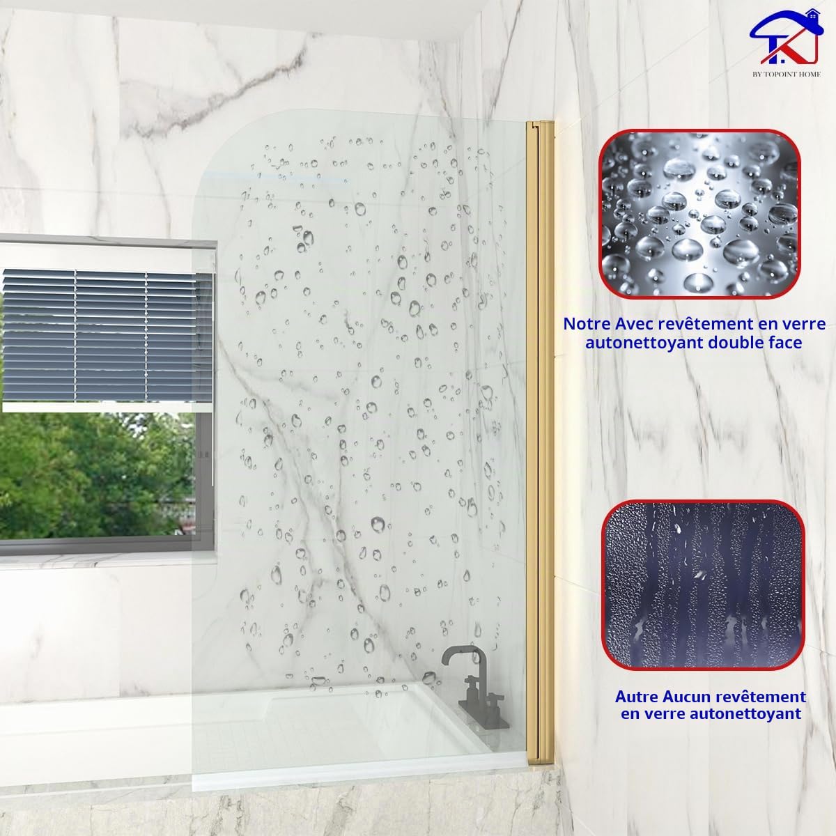 T&K Pare-bain pivotant 800 x 1400 mm pour douche avec bord arrondi doré en verre trempé de 5 mm à nettoyage facile des deux côtés pour salle de bain