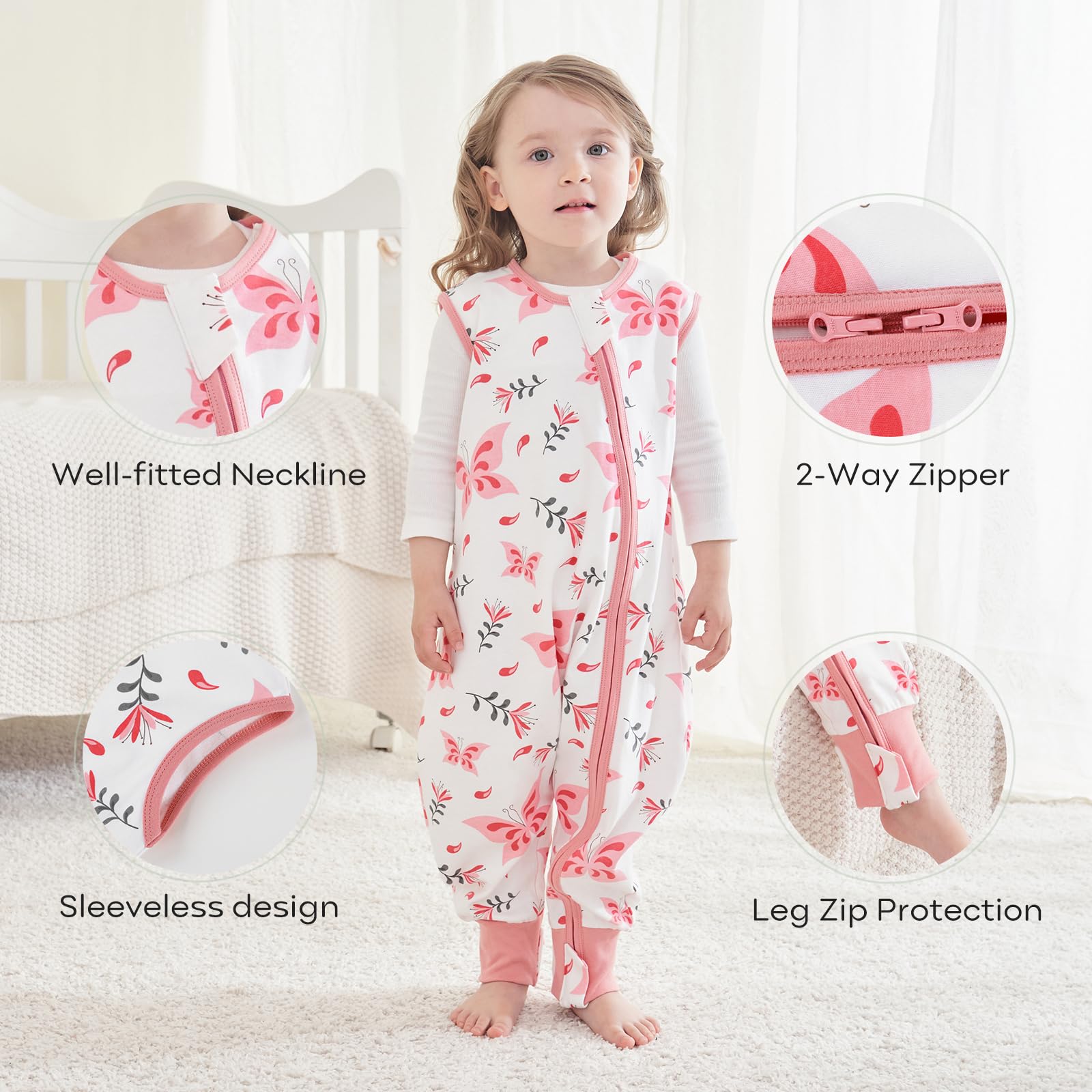 Yoofoss Baby Sleeping Bag with Leg 100% Cotton 0.5 TOG 2 Pack Toddler Sleep Sack with Feet for Walkers 2-Way Zipper Wearable Blanket for Toddler 18-36 Months Pink - Image 4
