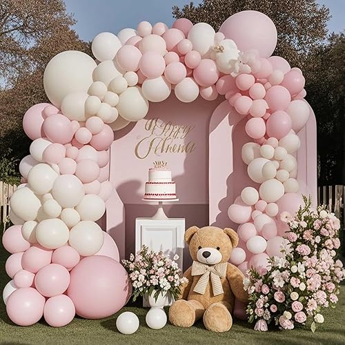 Miniatura 3 de Kit de arco de globos rosa y blanco, guirnalda de globos de doble relleno rosa pastel blanco marfil, globos blancos crema con 3 globos transparentes