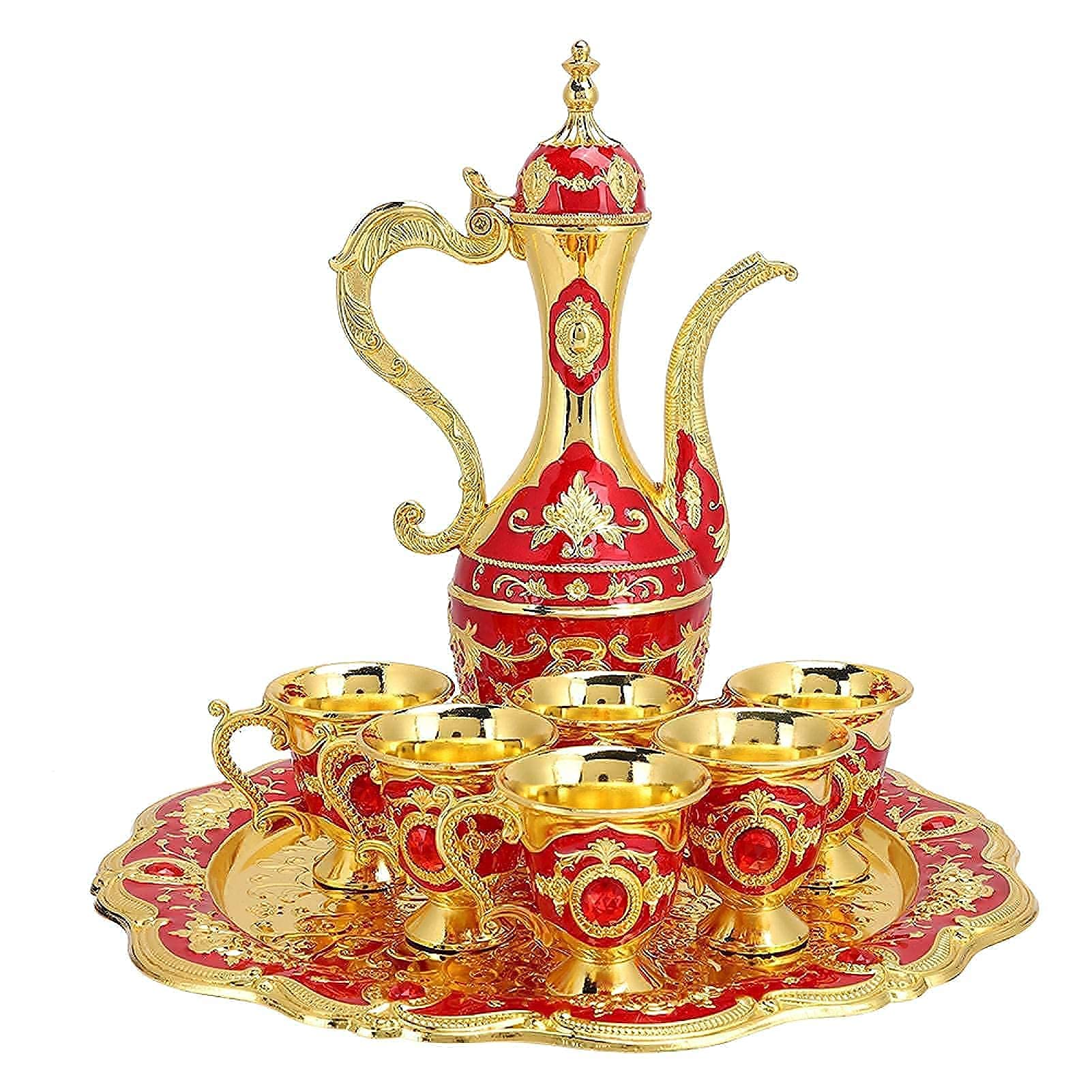 Set di Caffettiere Turche Vintage Set da tè Turco Europeo Creativo con Vassoio per Teiera E 6 Mini Tazze Set di Tazze da caffè,Regalo di Nozze di Artigianato Artistico (Rosso)