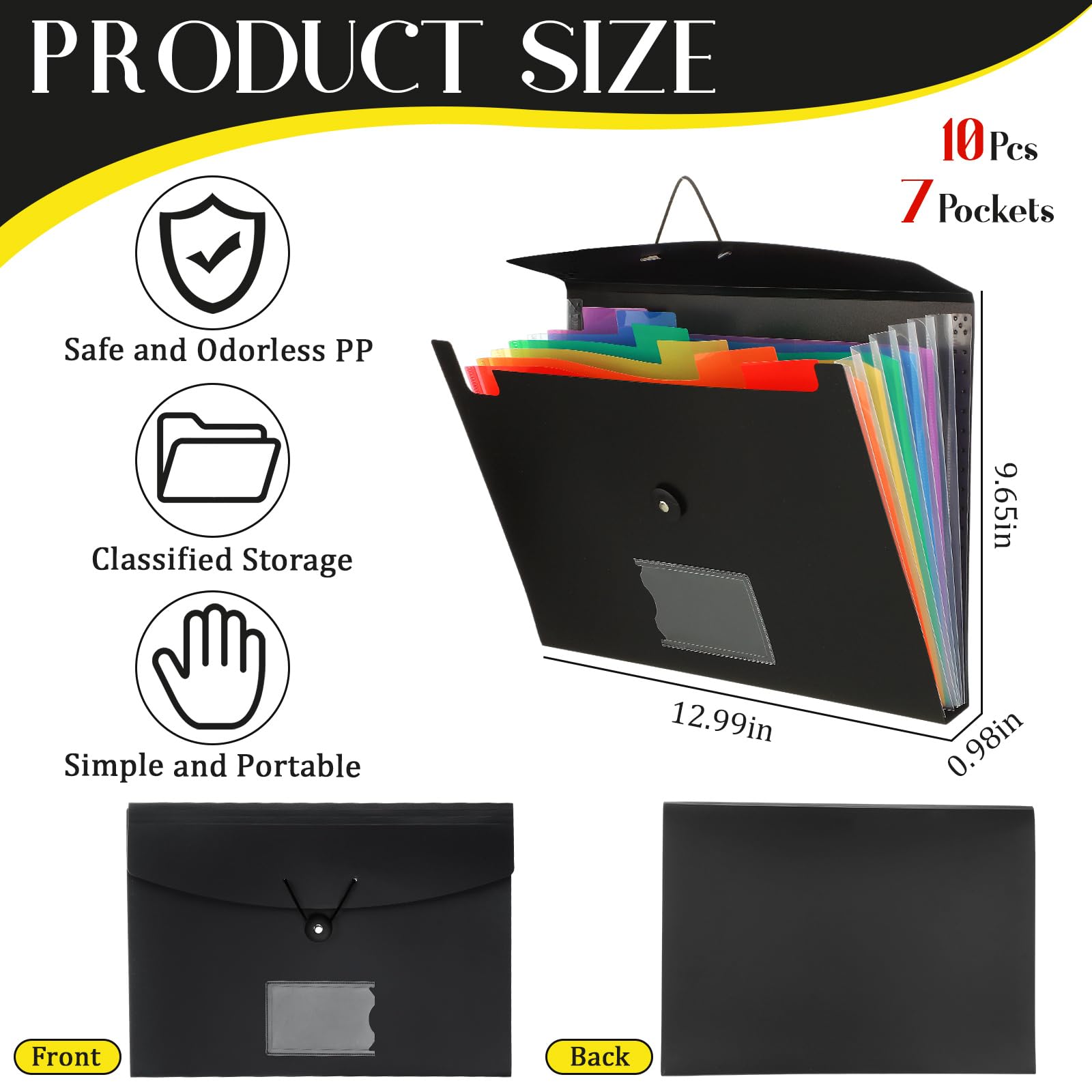 Glenmal 10 cartelle portadocumenti espandibili con 7 tasche, con etichette, in plastica, espandibili, formato A4, formato lettera, organizer per ufficio (nero)