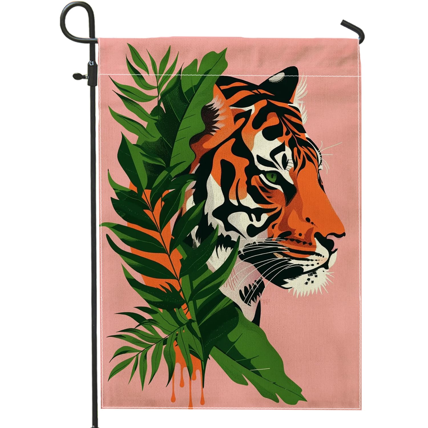 Tropical Leaves Tiger Garden Flag, Orange and Green Jungle Decor Double Sided Yard Flag, Summer Holiday Outdoor Lawn Decoration 12x18 Inch