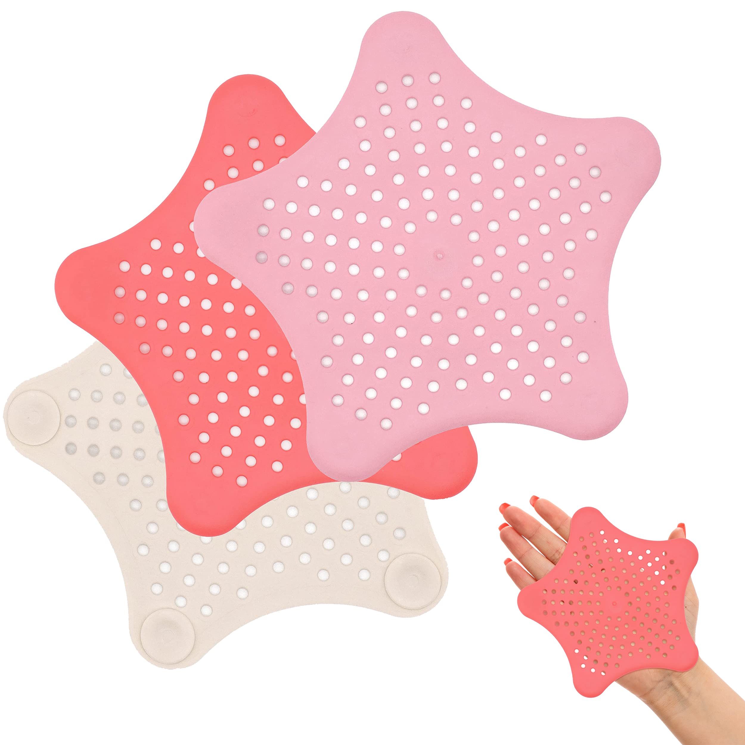 3x Star Shape Silicone Drain Covers 14cm, Hair Catcher for Shower, Bath, Kitchen Sink, Slip-Proof, Mold Resistant, 5 Suction Cups, Pink, White, Sharp Pink