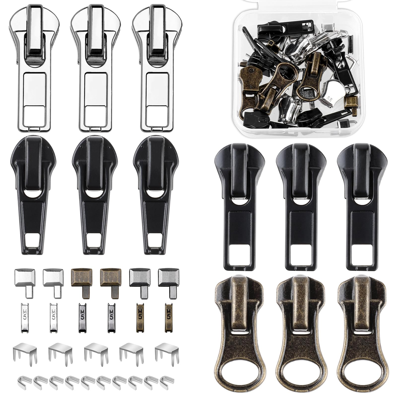39 Pcs #5 Zipper Replacement Slider Kit Zippers Pull Zip Head Bottom Stop and Top Stop Fix Zipper On for Repairing Coats Jackets Metal Plastic and Nylon Coil Zippers