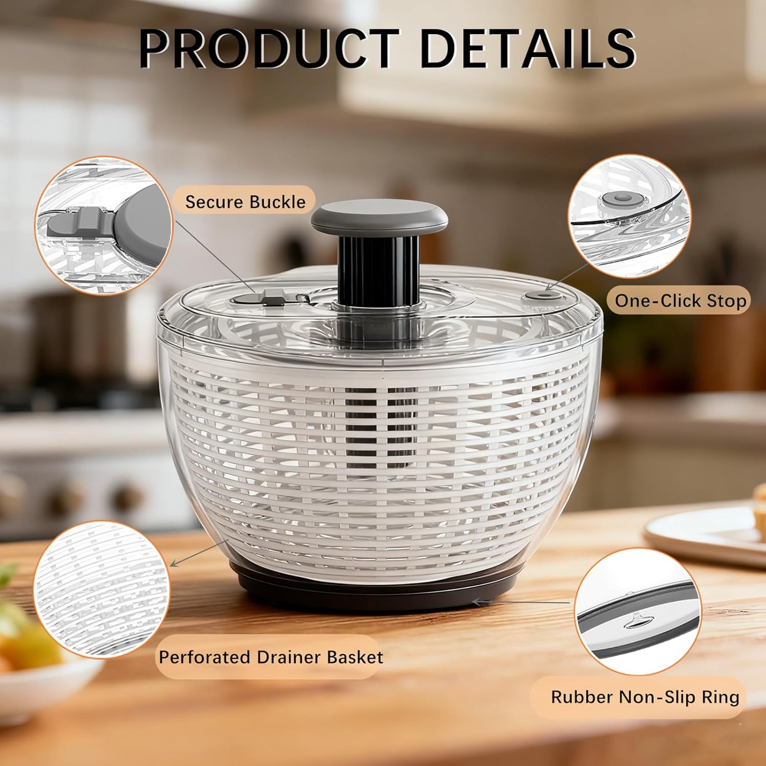 Large Capacity Salad Spinner & Lettuce Spinner, Fruit Washer with Quick Dehydration, Non-Slip Base, Easy to Clean & One-Hand Operation (01-3.6L)