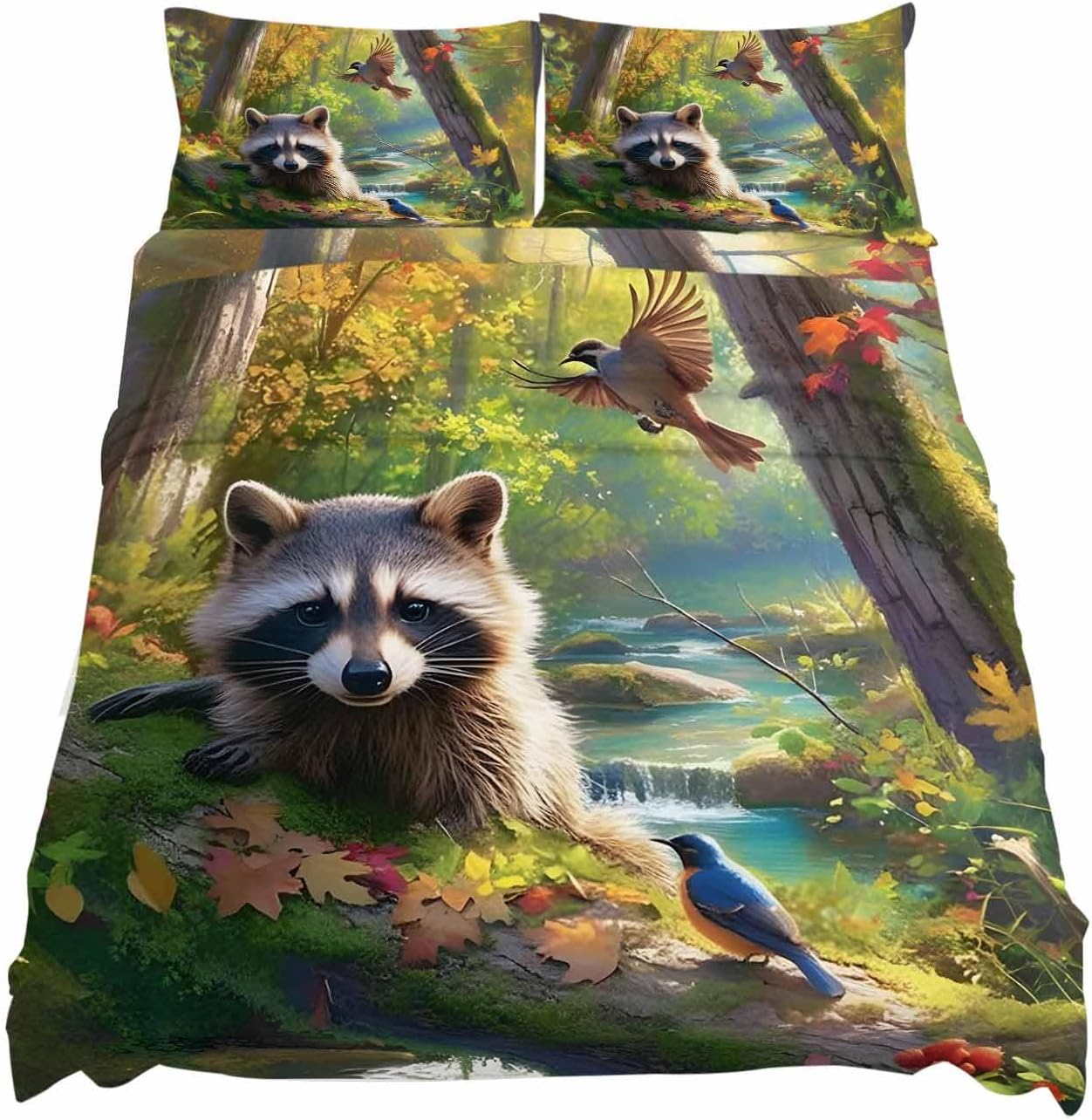 Brown Raccoon Full Size Bed Sheets, Breathable Cooling Sheet with Deep Pocket, Forest Bird Tree Streams Landscape Soft Flat Sheet, Fitted Sheet & Pillowcases, 4 Piece Wrinkleproof Bedding Sheets