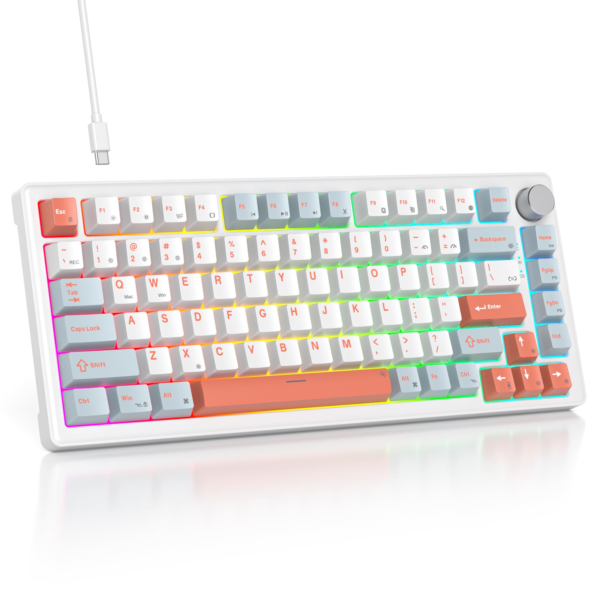 SOLIDEE Mechaniczna klawiatura przewodowa 75%,Hot Swappable Keyboard Struktura Gasket,Klawiatura TKL RGB z podświetleniem,82 klawisze NKRO Kompaktowa mechaniczna klawiatura z pokrętłem(Salmon)