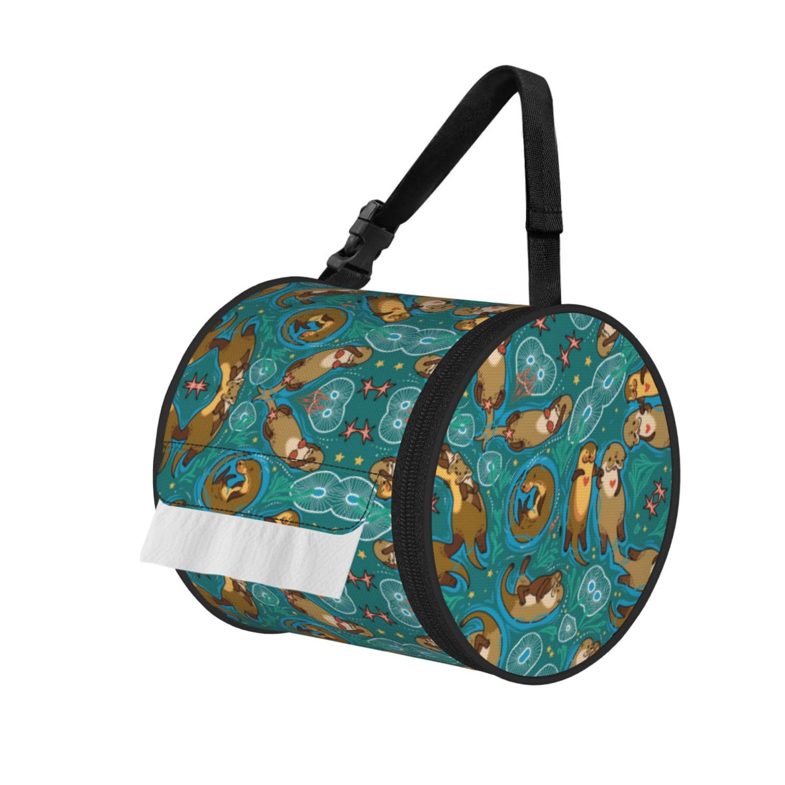 Otters Family Print Round Tissue Dispenser Bag With Carry Strap, Portable Roll Holder For Car Travel Home