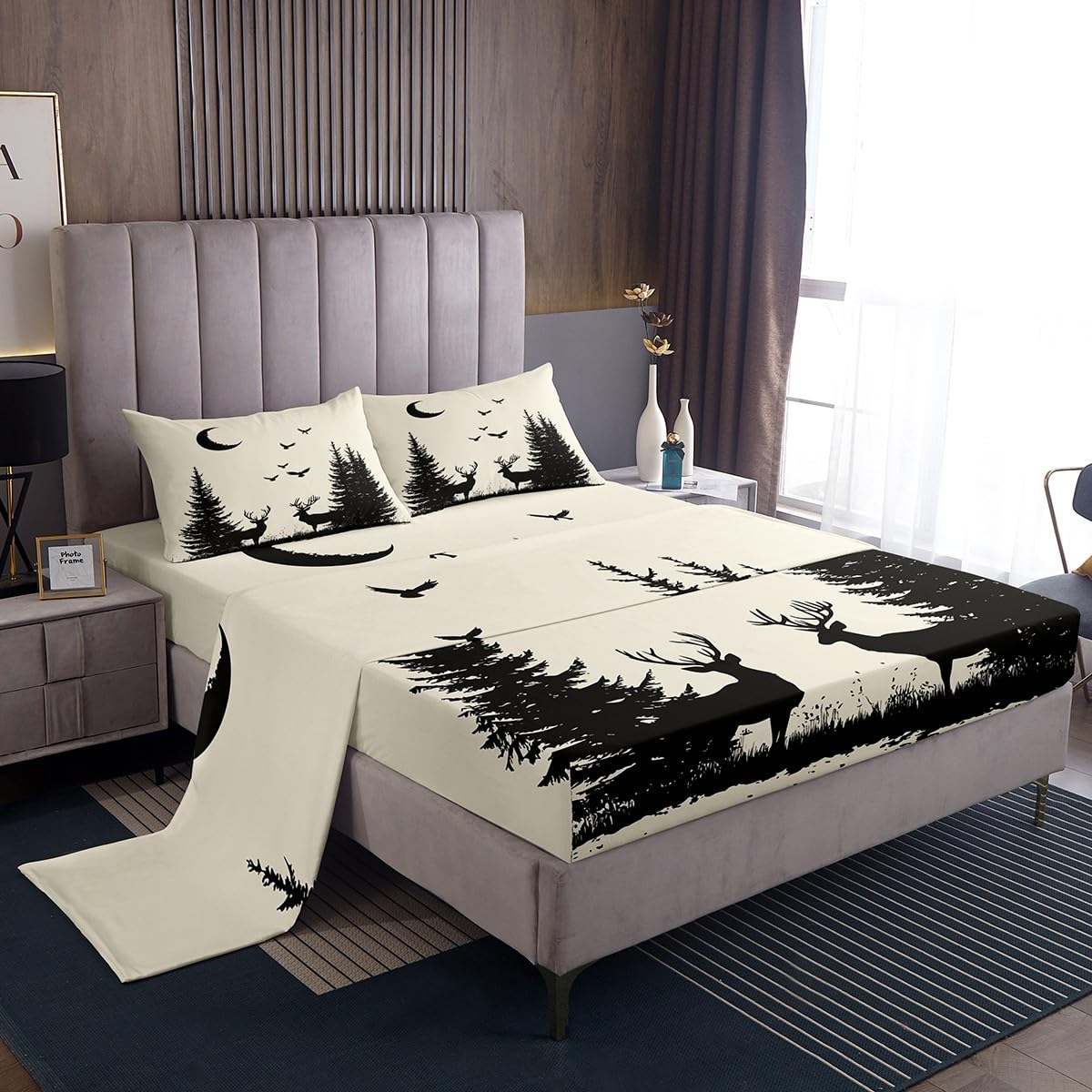 Homewish Juego de sábanas rústicas de ciervo para cama de matrimonio | Juego de sábanas de animales salvajes con lindos alces y bosques para niños y niñas, ropa de cama de cabaña, árbol y luna y
