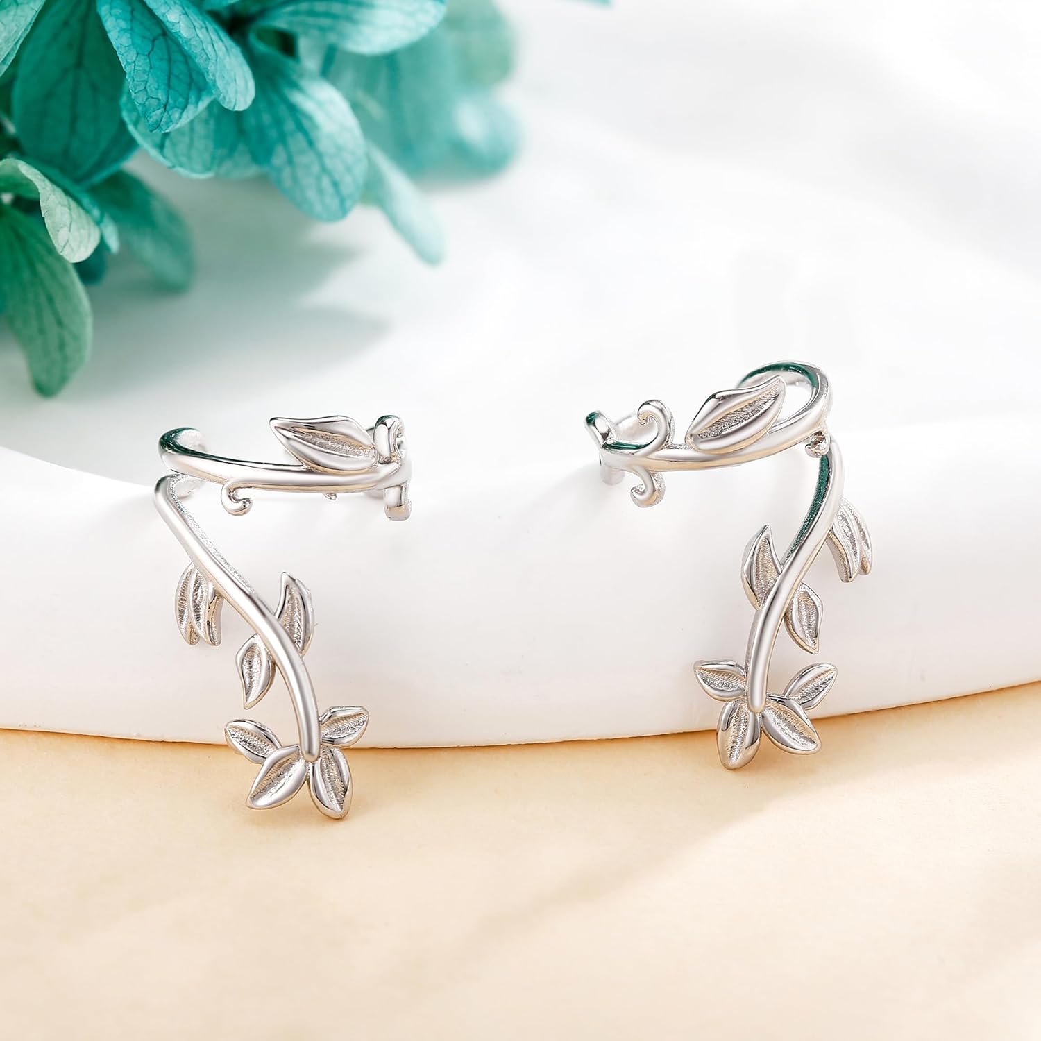 Leaf Ear Cuff Earrings Sterling Silver Leaf Cuff Earrings Non Piercing Clip on Cartilage Mother's Day Jewelry Gifts for Women - Image 3
