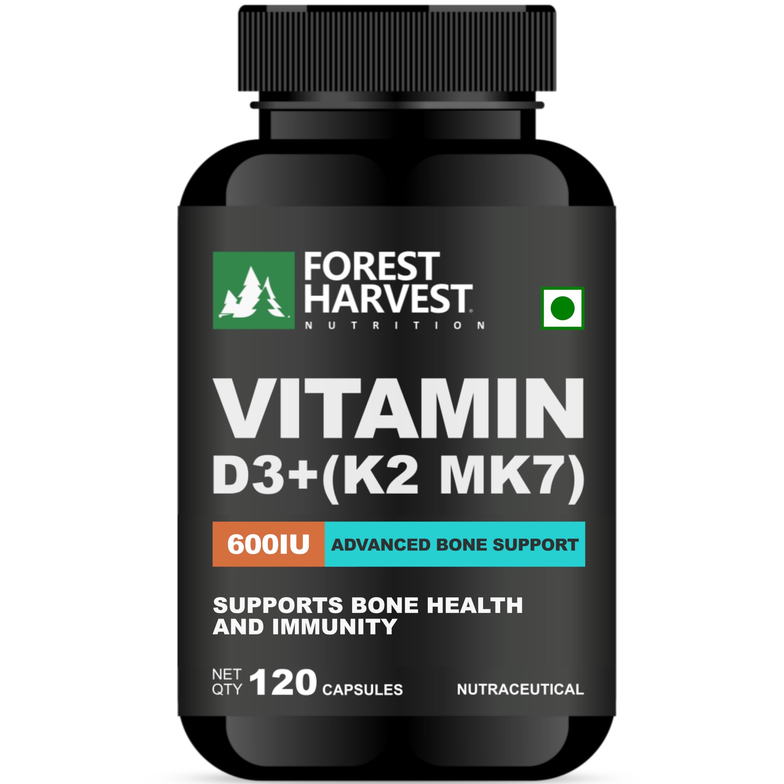 Forest Harvest Nutrition Vitamin D3 (600 IU) with Vitamin K2 (MK7) (55 mcg) – Bone, Heart & Immunity Support | 120 Veg Capsules | WHO-GMP, HACCP, ISO & FSSAI Certified-image-34