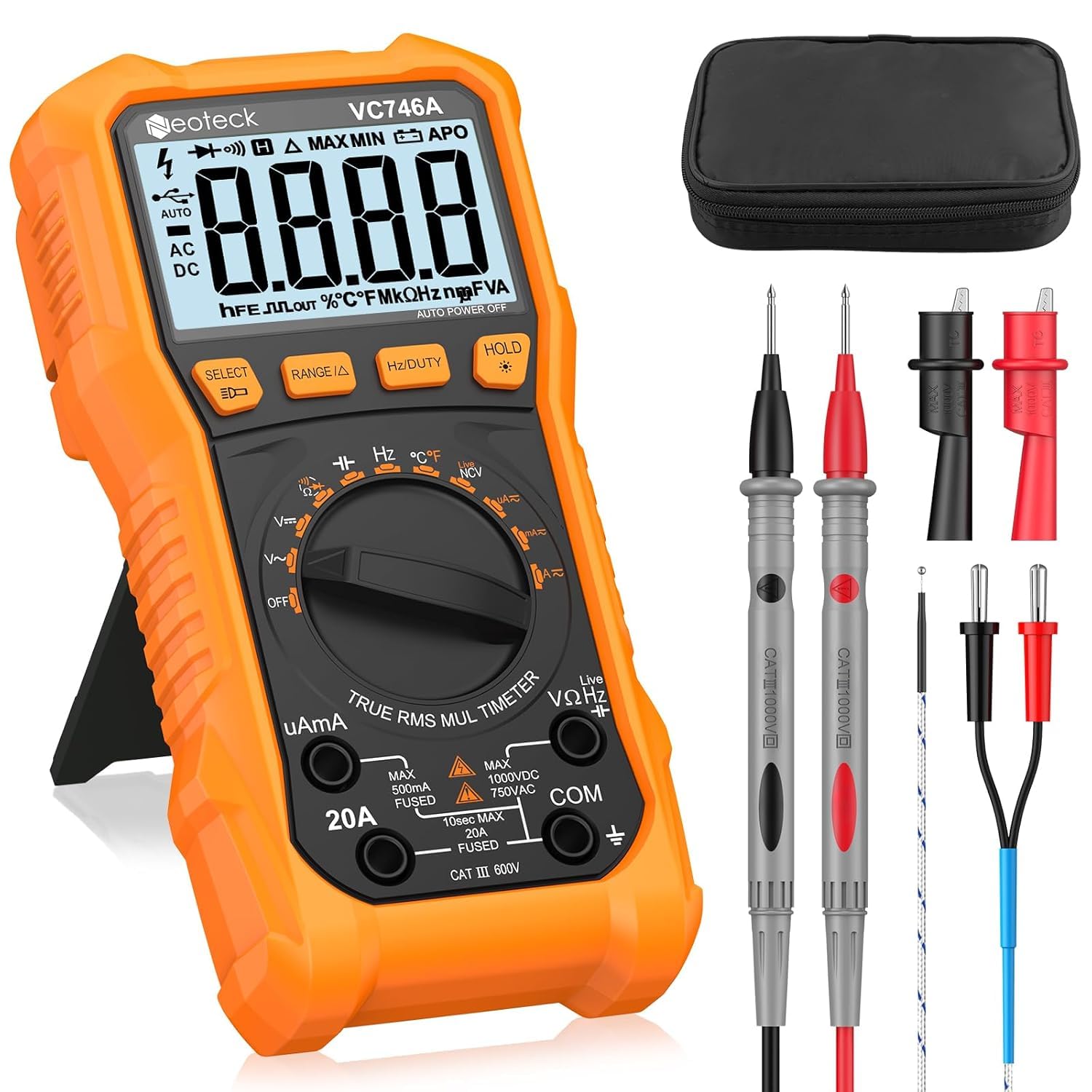 Neoteck Digital Multimeter 6000 Counts TRMS Auto Range NCV Live Detector, AC/DC Voltage Current Meter with Temperature, Capacitance, Resistance, Continuity Test, Backlight & Flashlight – Orange