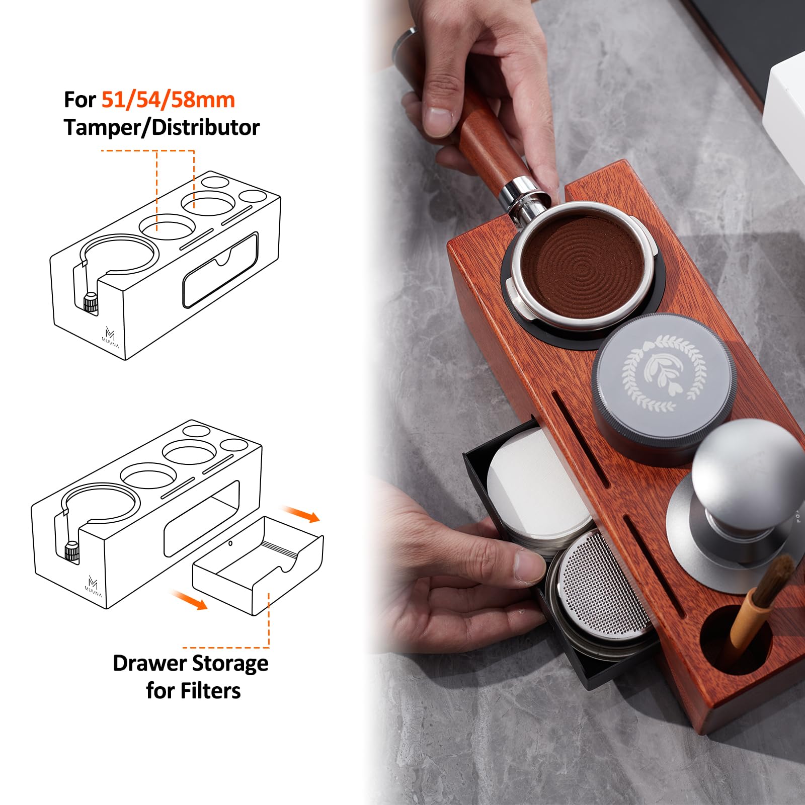 8-in-1 Espresso Tamping Station With Drawer - Fits 51/54/58mm Tools For Organized Coffee Setup