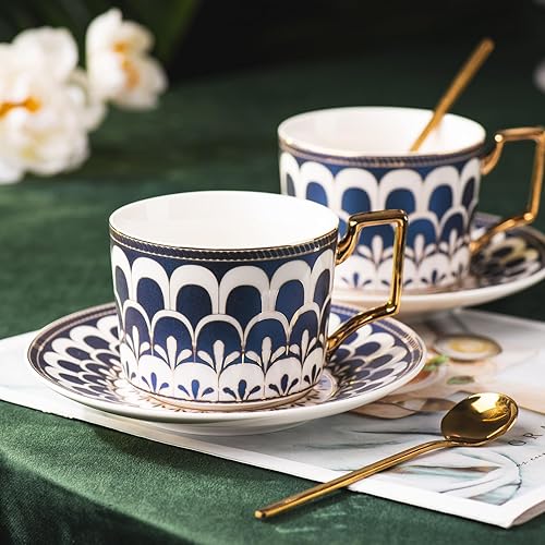 Juego de tazas de café de cerámica de estilo europeo, 7 onzas de porcelana de hueso exquisitamente esmaltada azul y dorado, juego de té para fiesta