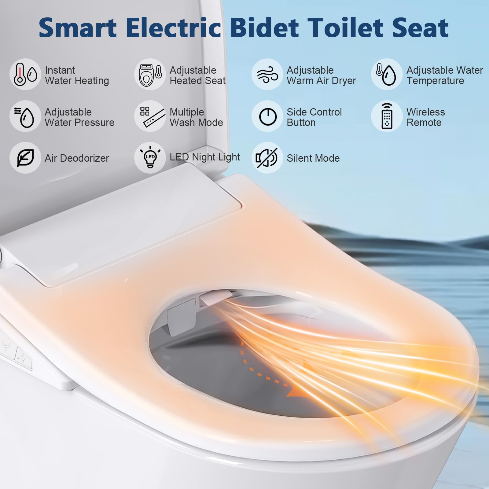 Elektroniczny bidet do toalety z podgrzewanym siedziskiem i miękkim zamknięciem, wydłużona inteligentna deska sedesowa, niekończąca się ciepła woda, cicha praca, bezprzewodowy pilot zdalnego