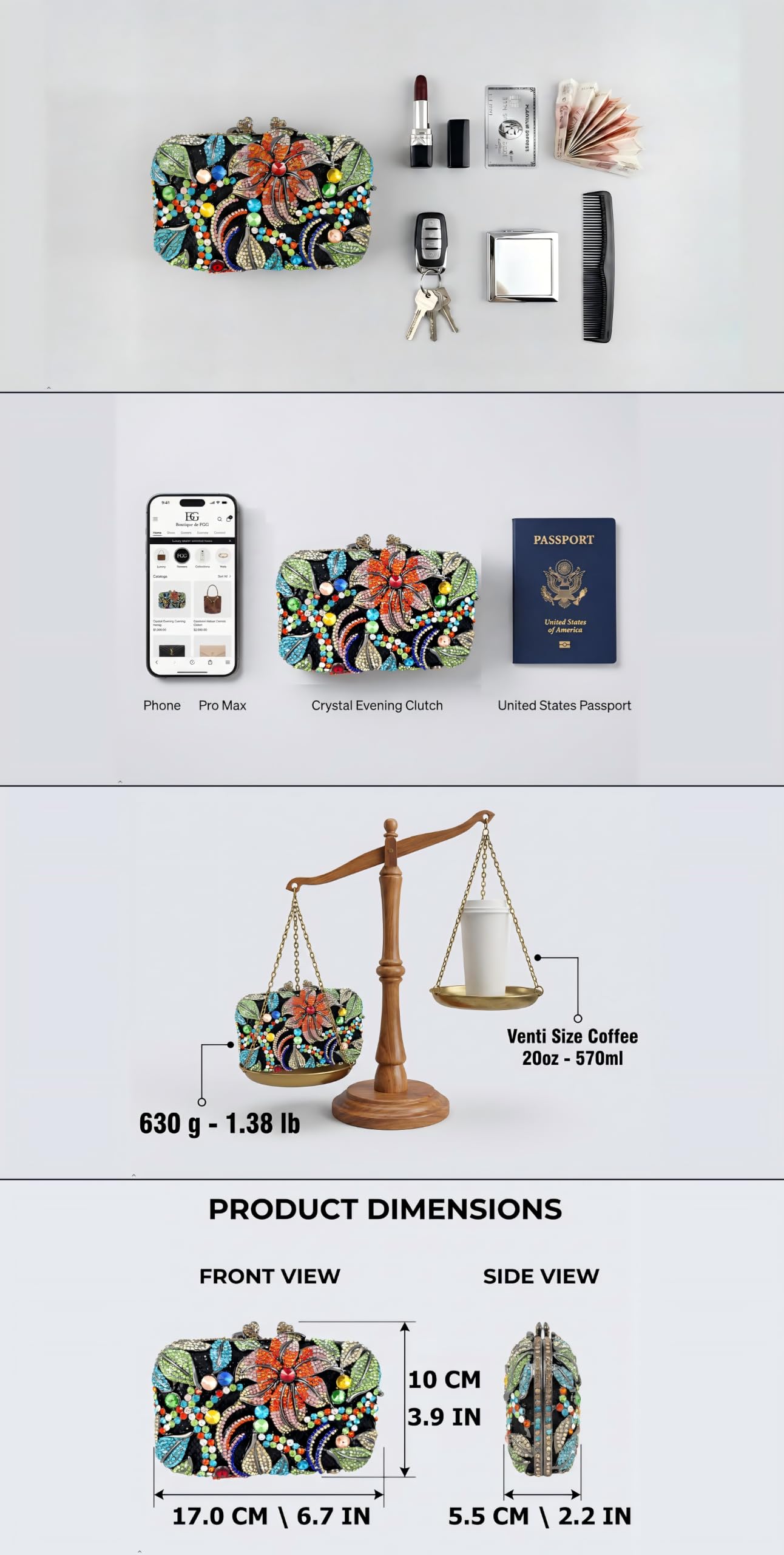 Boutique De FGG Pochette con mini fiore con strass, non adatta al telefono, borsa da sera in cristallo pesante, custodia rigida floreale