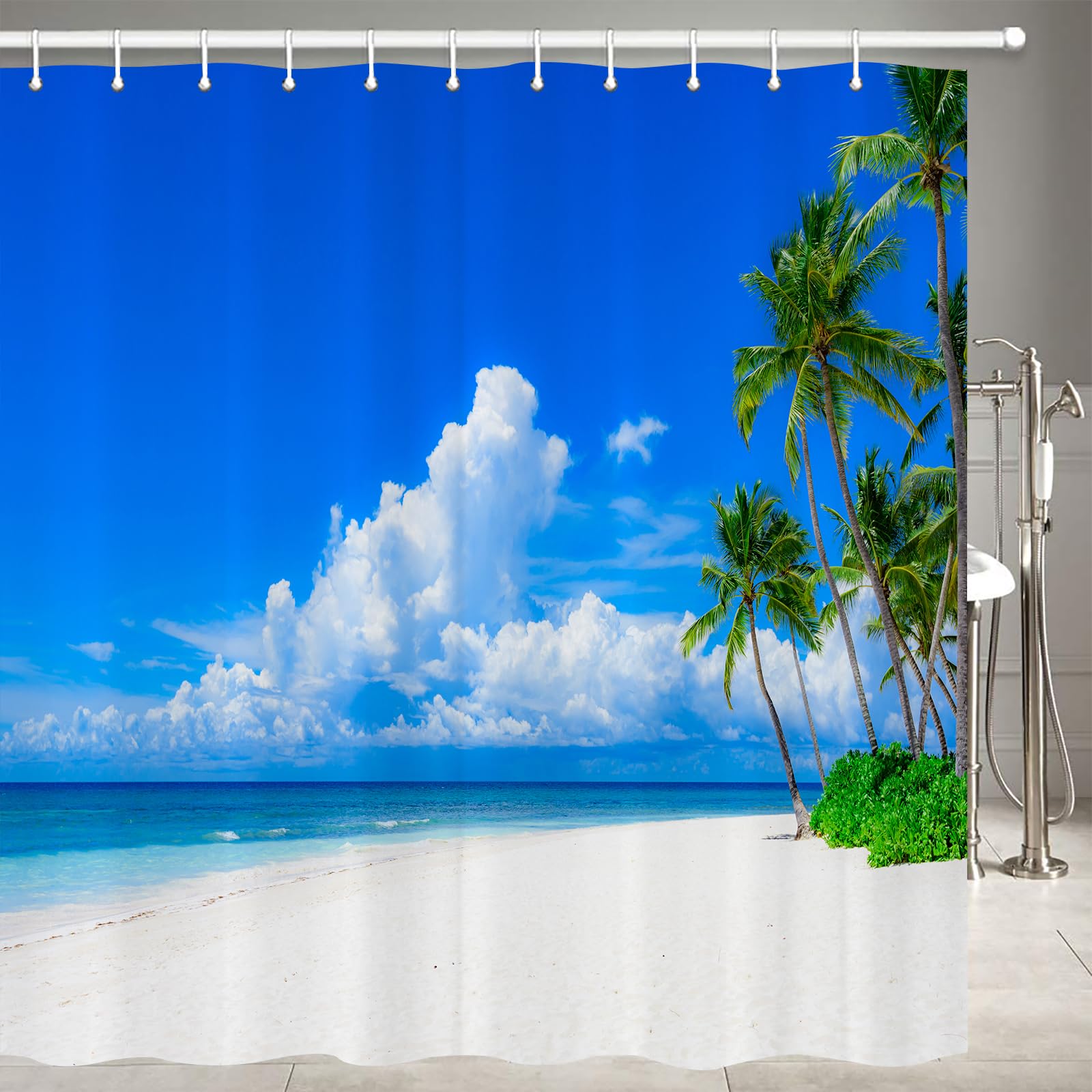 JOOCAR Nature Shower Curtain, Palm Tree Decor Ocean Coastal Summer Beach Seaside Scene Palm Trees Island Blue, Waterproof Cloth Fabric Bathroom Decor Set with Hooks, 60x72 Inch