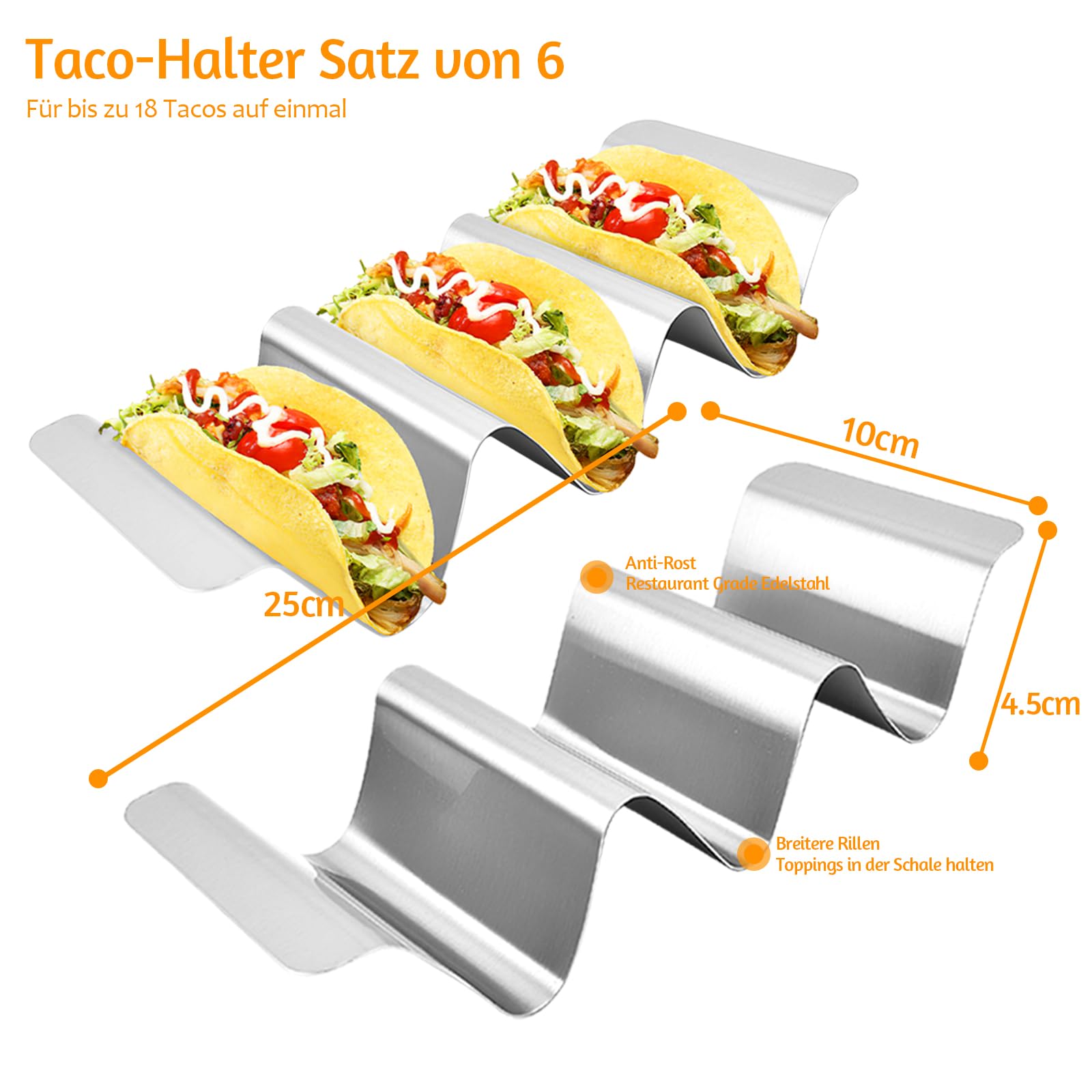 Taco Halter, 6 Stück 304 Edelstahl Taco Ständer Tray Holder Hält Familien Partys Picknick Taco Rack für Halten Tacos,Hot Dogs,Sandwiches und Pfannkuchen, Silbrig