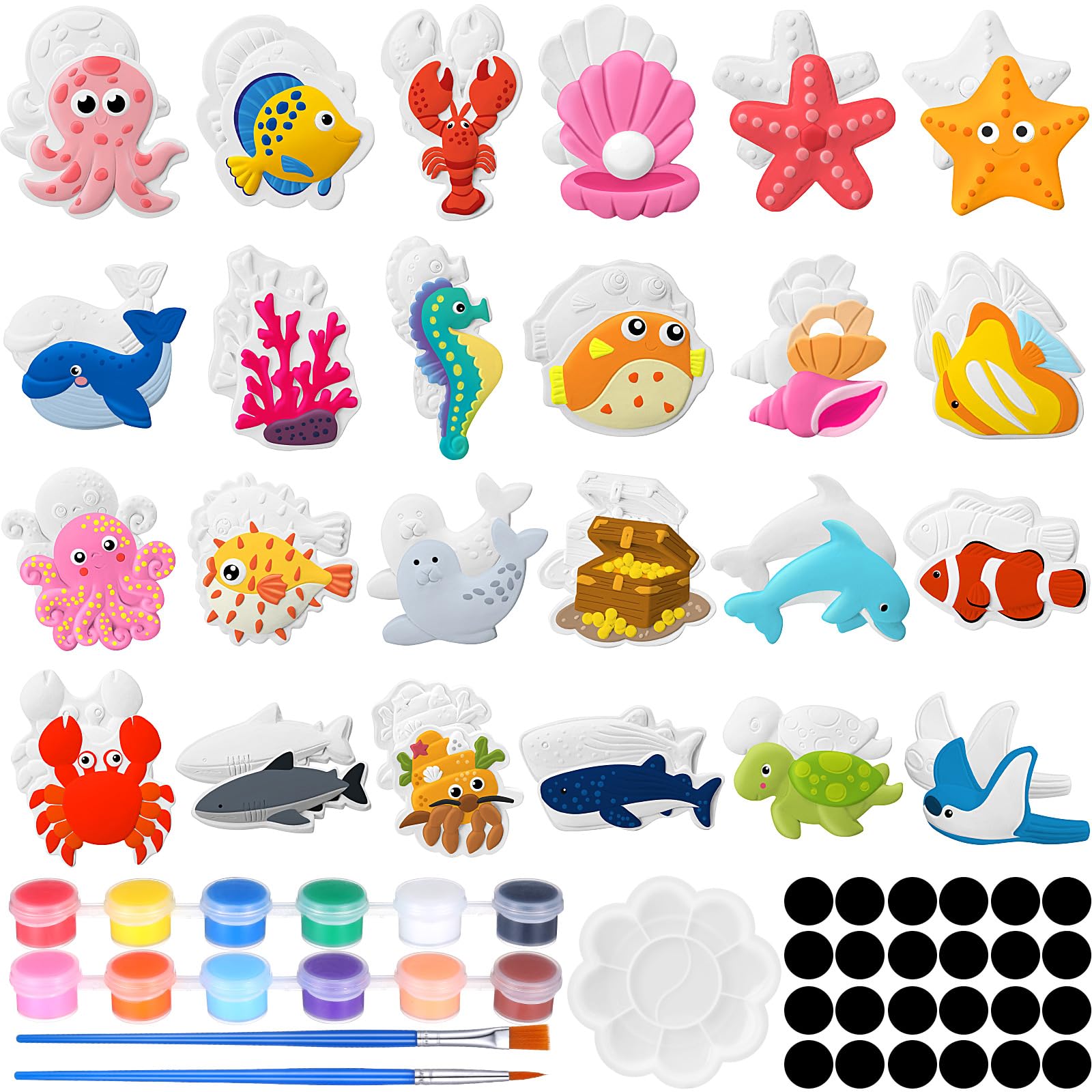 Soulchen 24 Set Ocean Animals Ceramic Painting Kits Sea Animals Ceramic Figurines to Paint with Magnets, Paint Your Own Summer Crafts DIY Unpainted