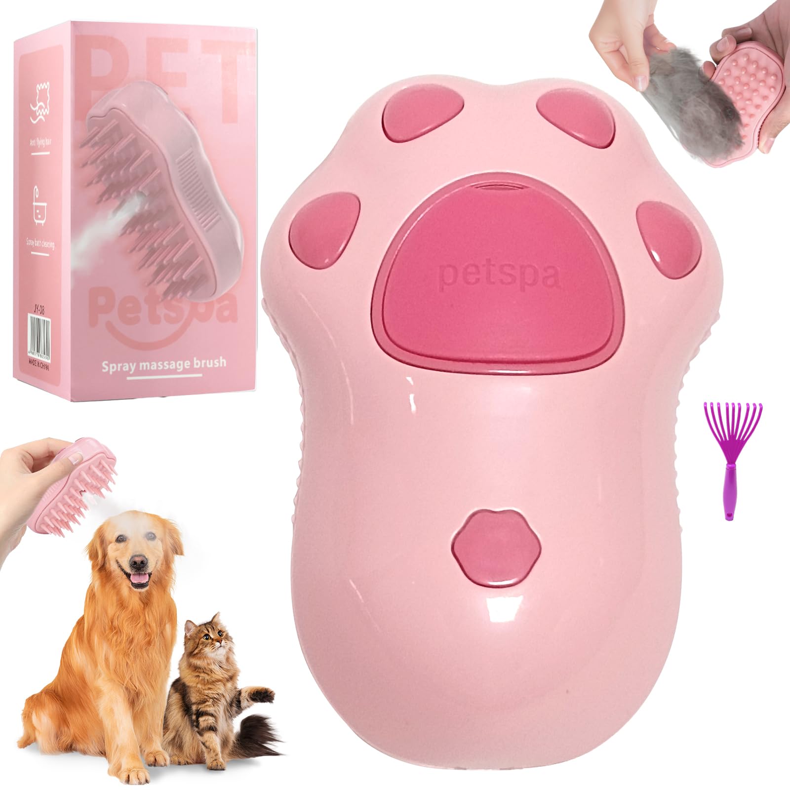 3 en 1 Cepillo de Vapor Para Gatos y Perros Pata de Gato Cepillo de pelo de gato con vaporizador Eléctrico Cepillo Para Gatos Steamy Masaje Cepillos Autolimpiantes para pelo corto y pelo largo