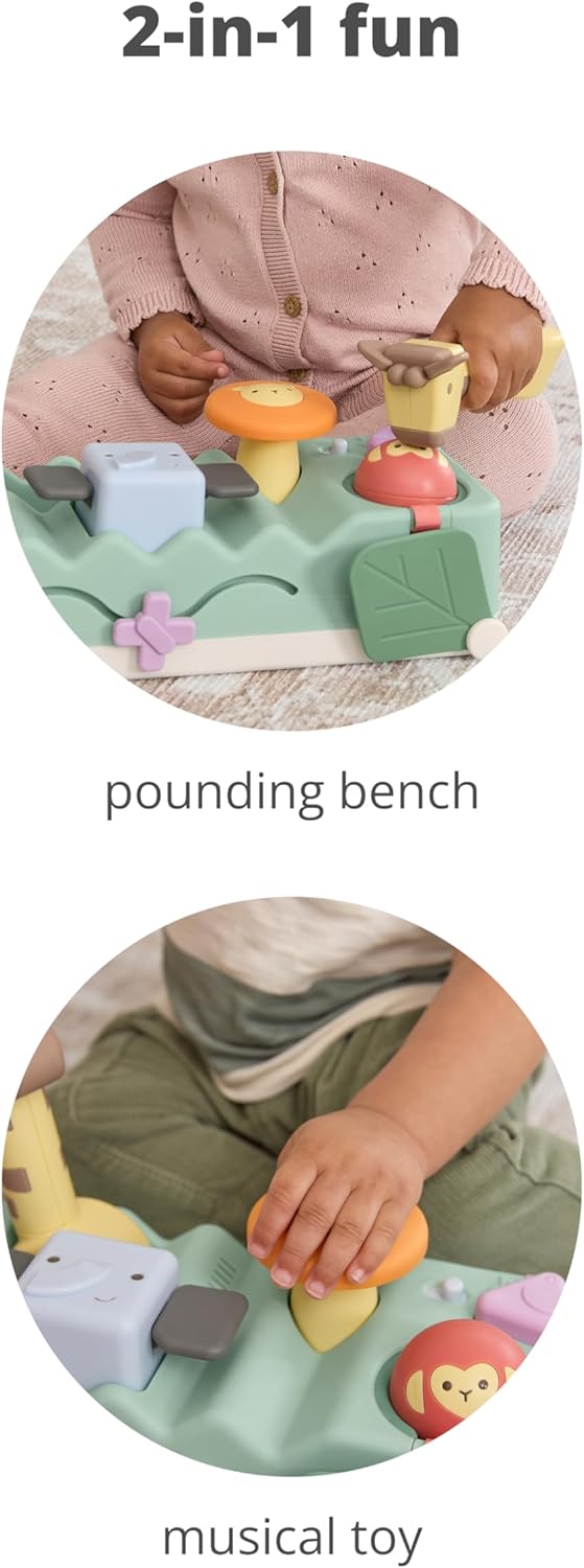 Skip Hop Tummy Time & Seated Play Cause & Effect Developmental Musical Baby Toy with 12 Animal Sounds, Lights, Music and 6 Activities, Geometric Wonders 2-in-1 Pounding Bench, Age 3m+