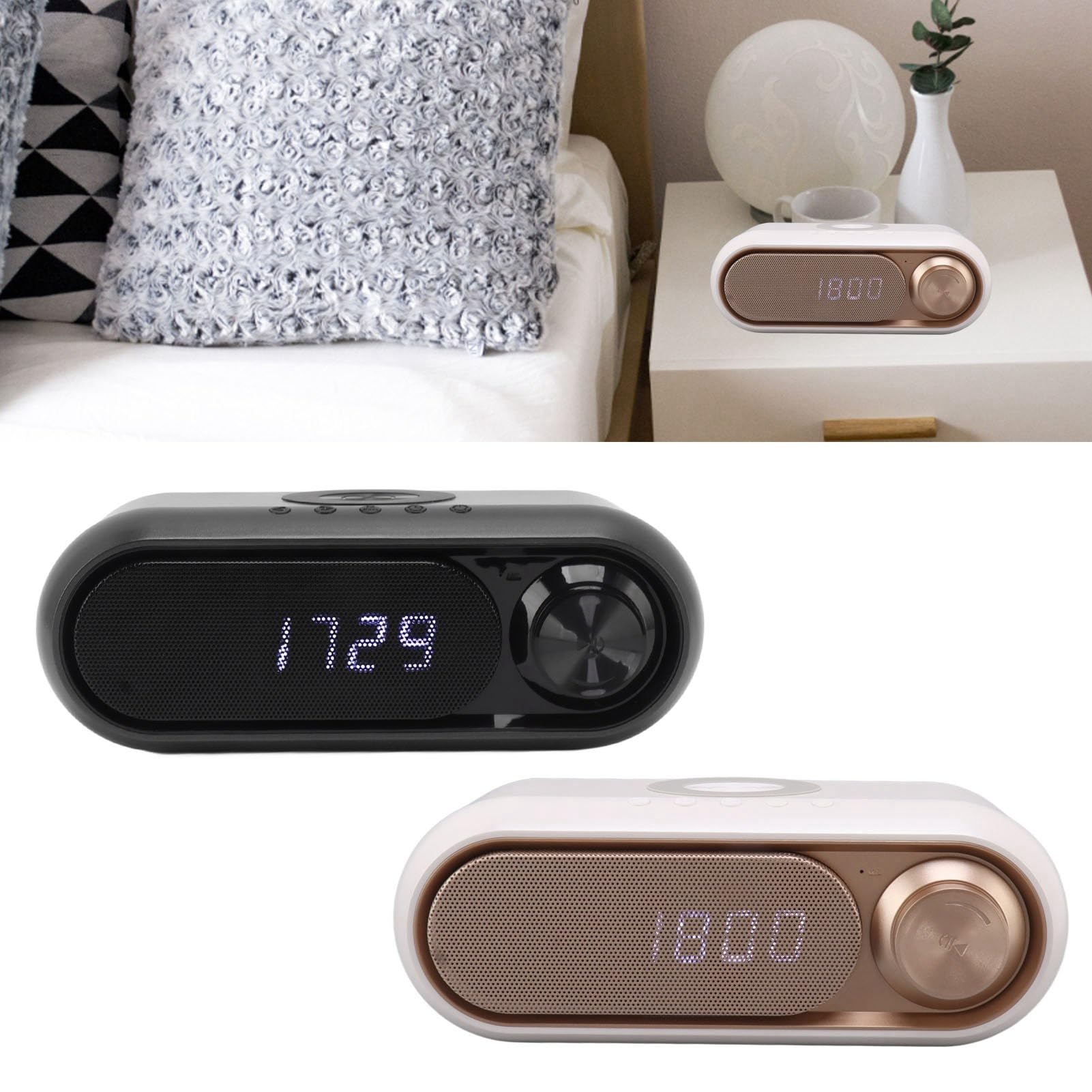 PerGar Sveglia Digitale, Radiosveglia con Caricabatterie Wireless, Elegante Sveglia Digitale a LED con Altoparlante Bluetooth, Altoparlante Bluetooth Radio FM con Caricabatterie(Spray Bianco Oro 10W)