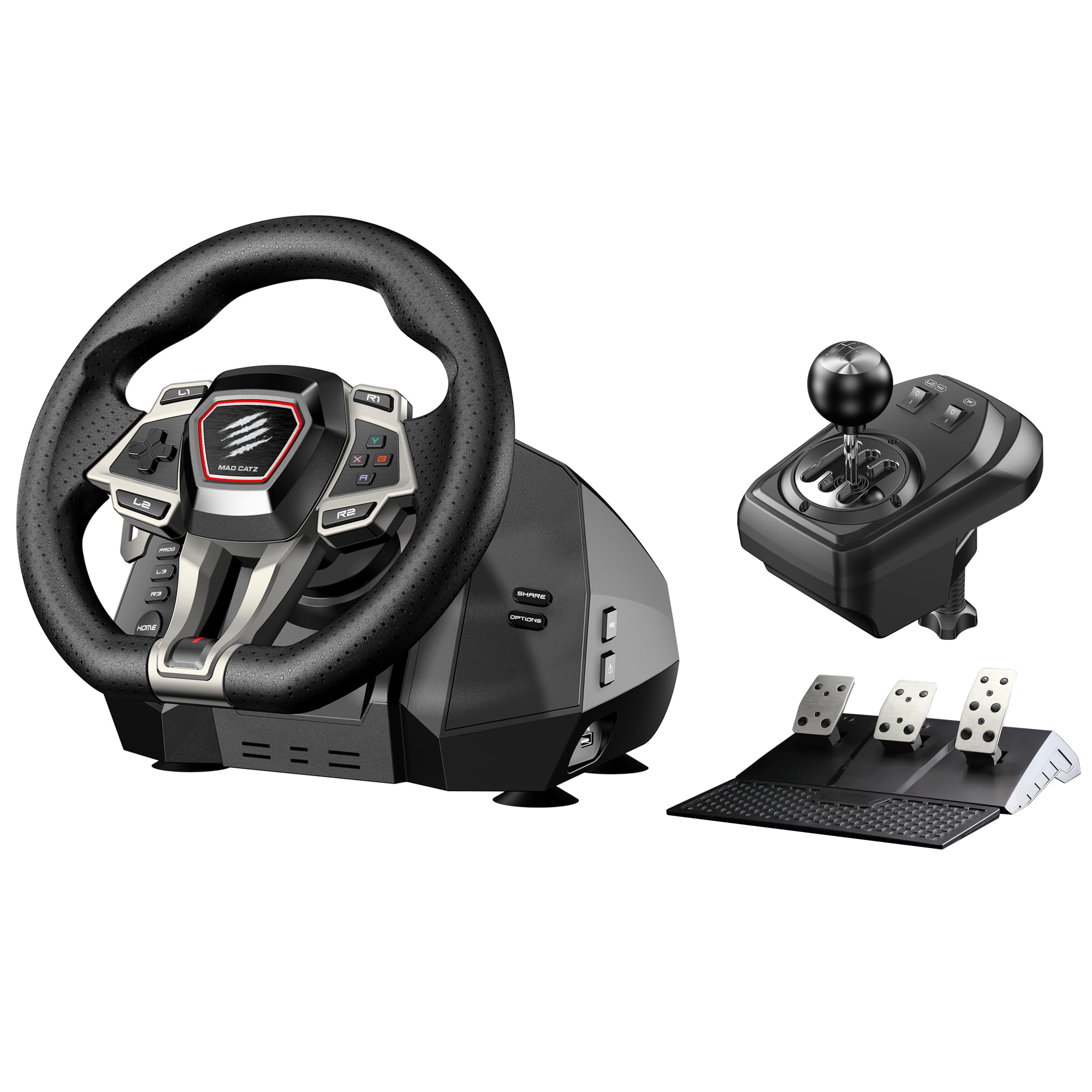 Mad Catz M.2.X PRO Yarış Direksiyonu – 900° Dönüş, Force Feedback, 3 Pedal + Vites, RGB Aydınlatma, PC / PS4 / Xbox Uyumlu