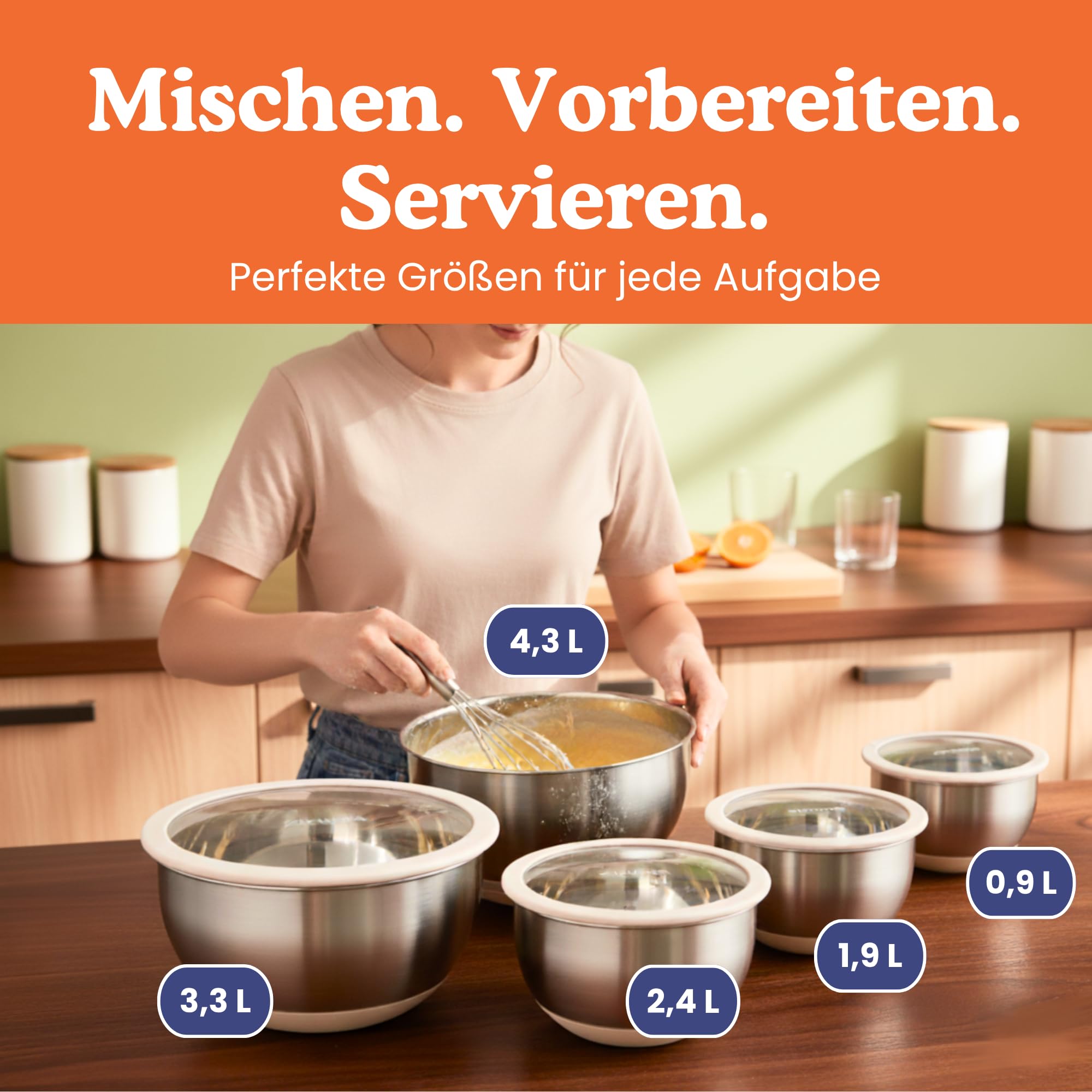Ziruma Rührschüsseln-Set mit Deckeln, 5-teilig, Edelstahl & Glas, BPA-frei, spülmaschinenfest, rutschfester Silikonboden, mit Messskala, stapelbar – 0,95/1,9/2,4/3,3/4,3 Liter