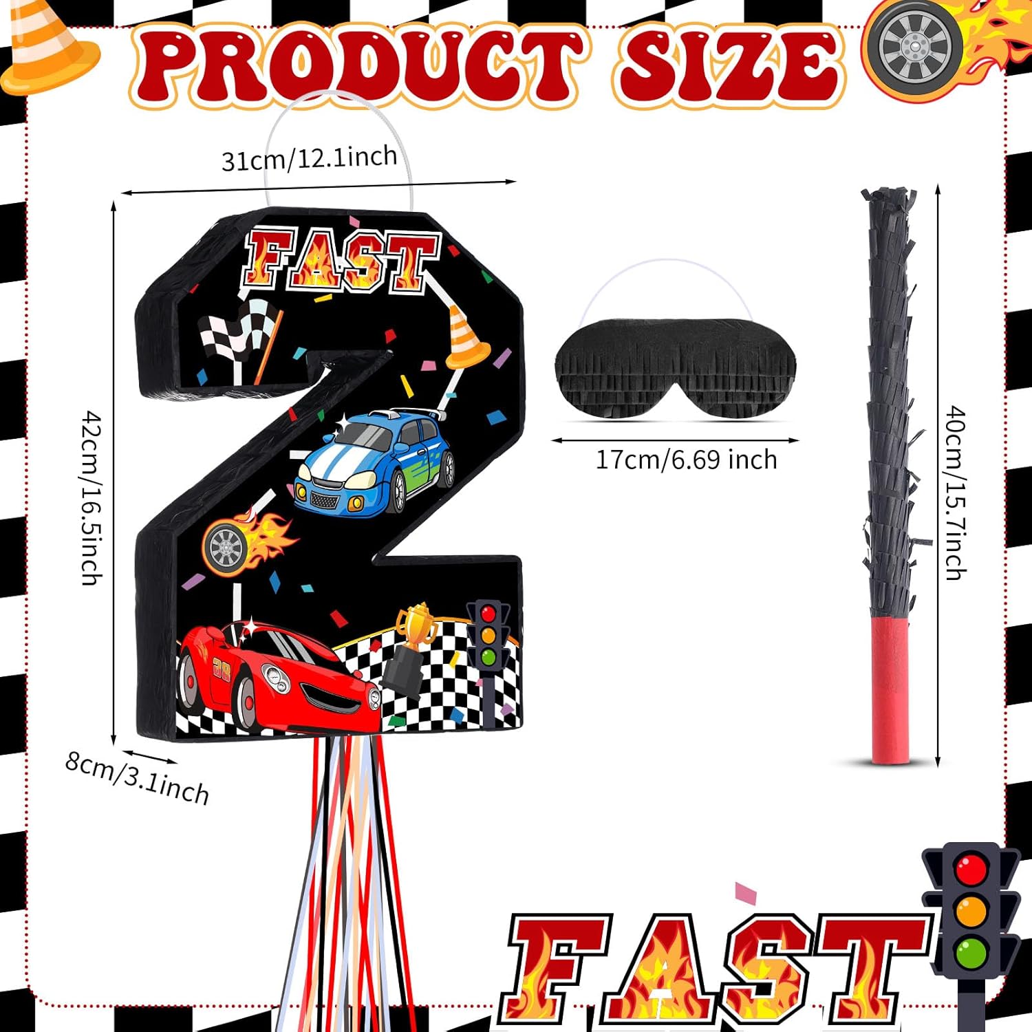 Race Car Piñata Pull String Cars Piñatas for Birthday Party Decorations Number 2 3 4 5 6 with Blindfold Stick Small Red Black Racing Theme 2nd 3rd 4th 5th 6th Party Supplies(Number 2)