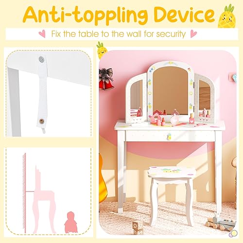 Miniatura 2 de Costzon Mesa de tocador para niños, tocador de maquillaje de princesa con cajón y espejo de tres pliegues, juego de tocador 2 en 1 con parte